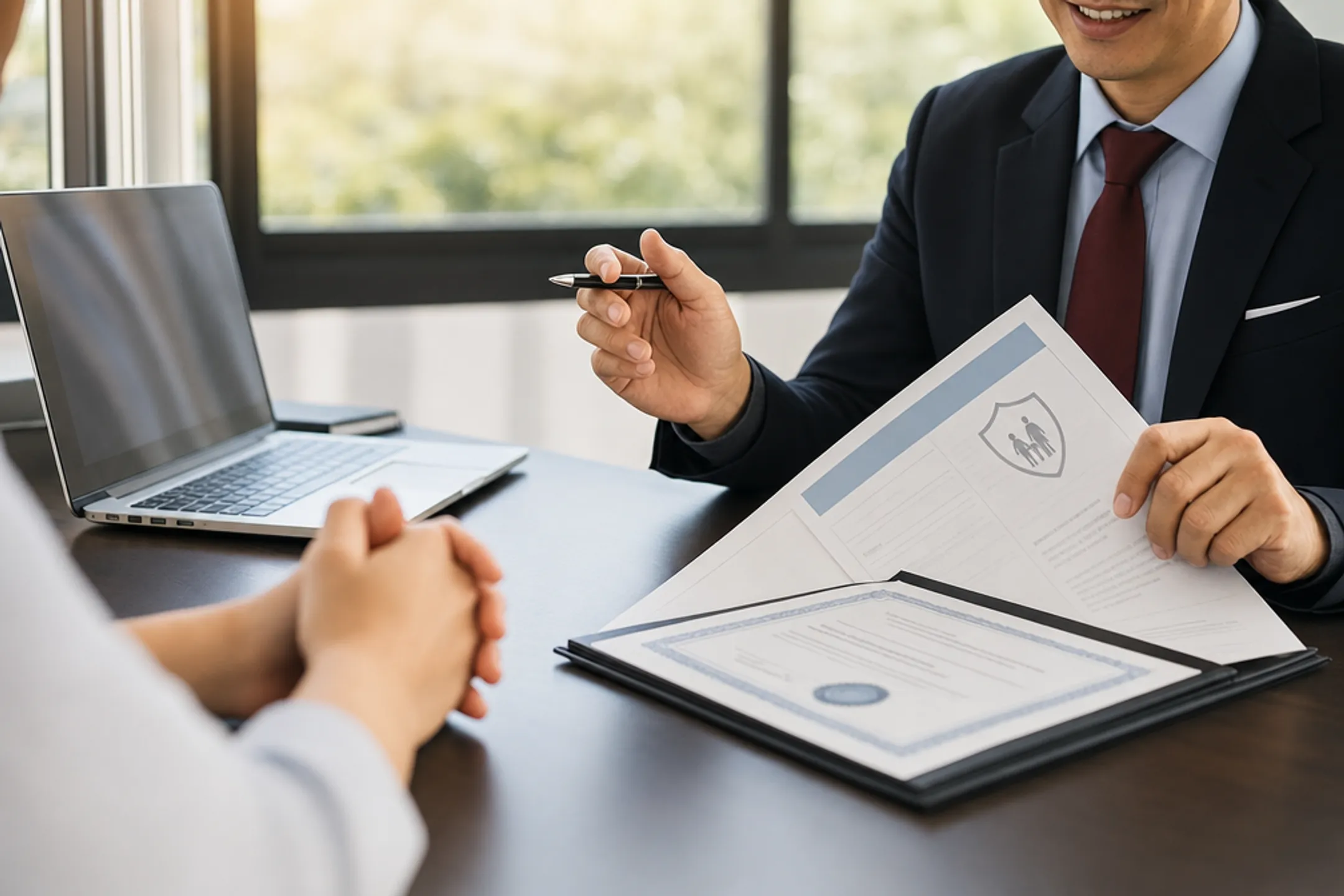 Insurance agent reviewing policy documents and credentials with client