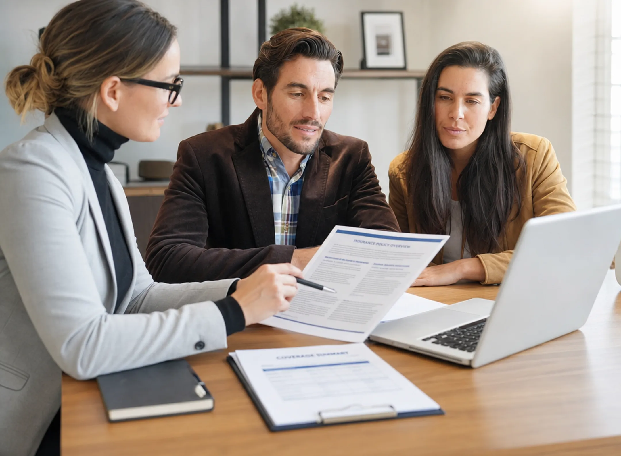 Insurance broker meeting with client discussing coverage options and fees