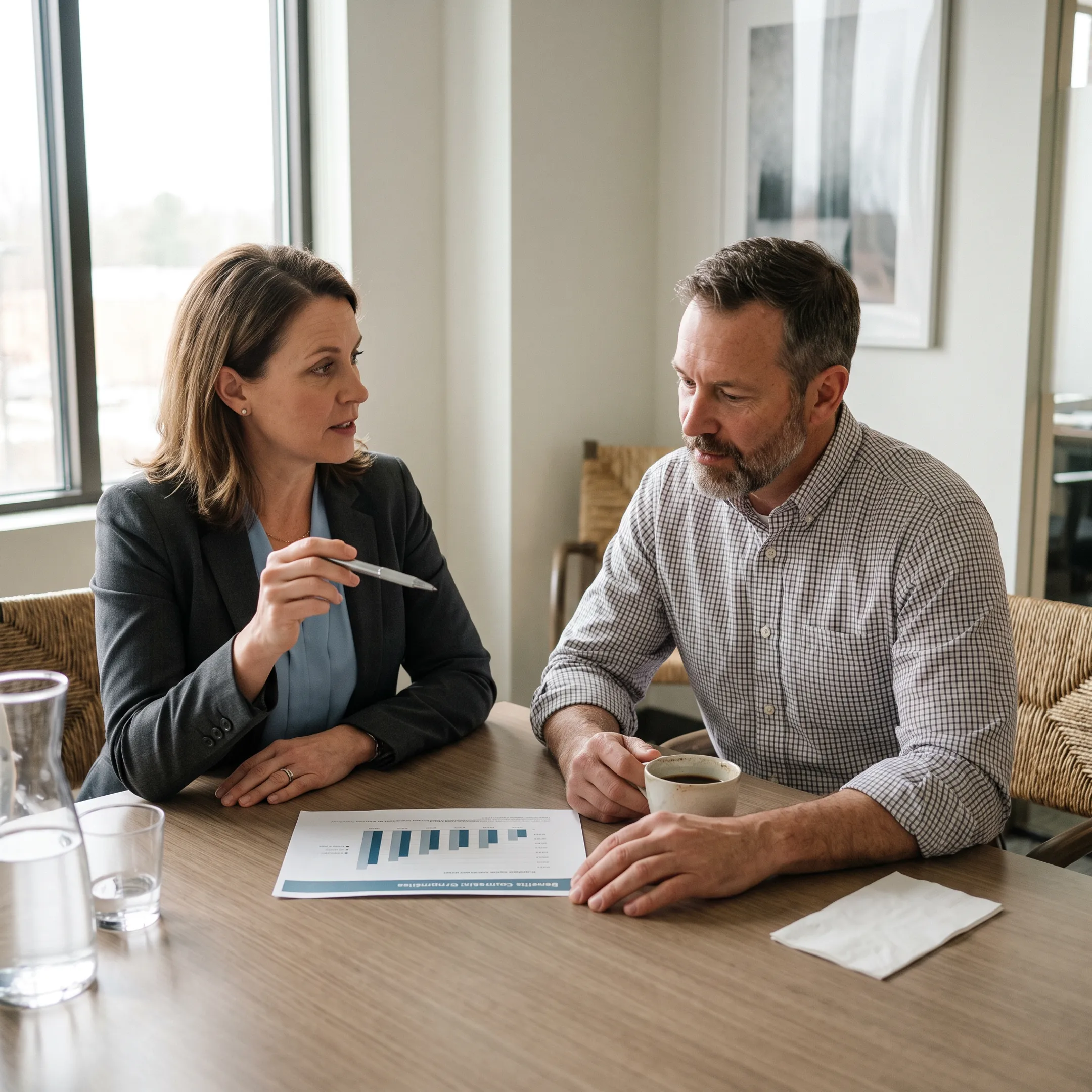Adviser discussing benefits options with business owner