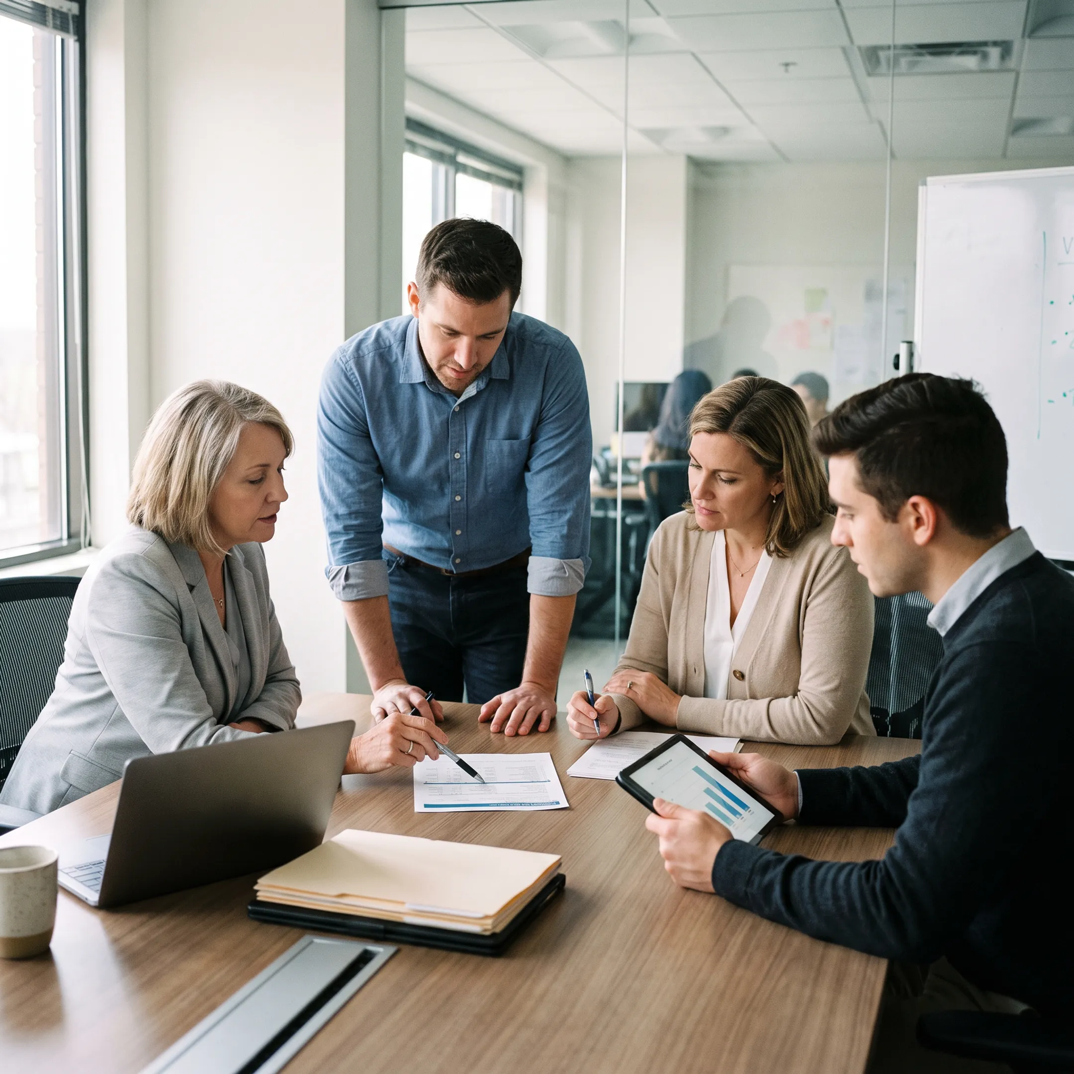 Employer reviewing group insurance benefits with employees