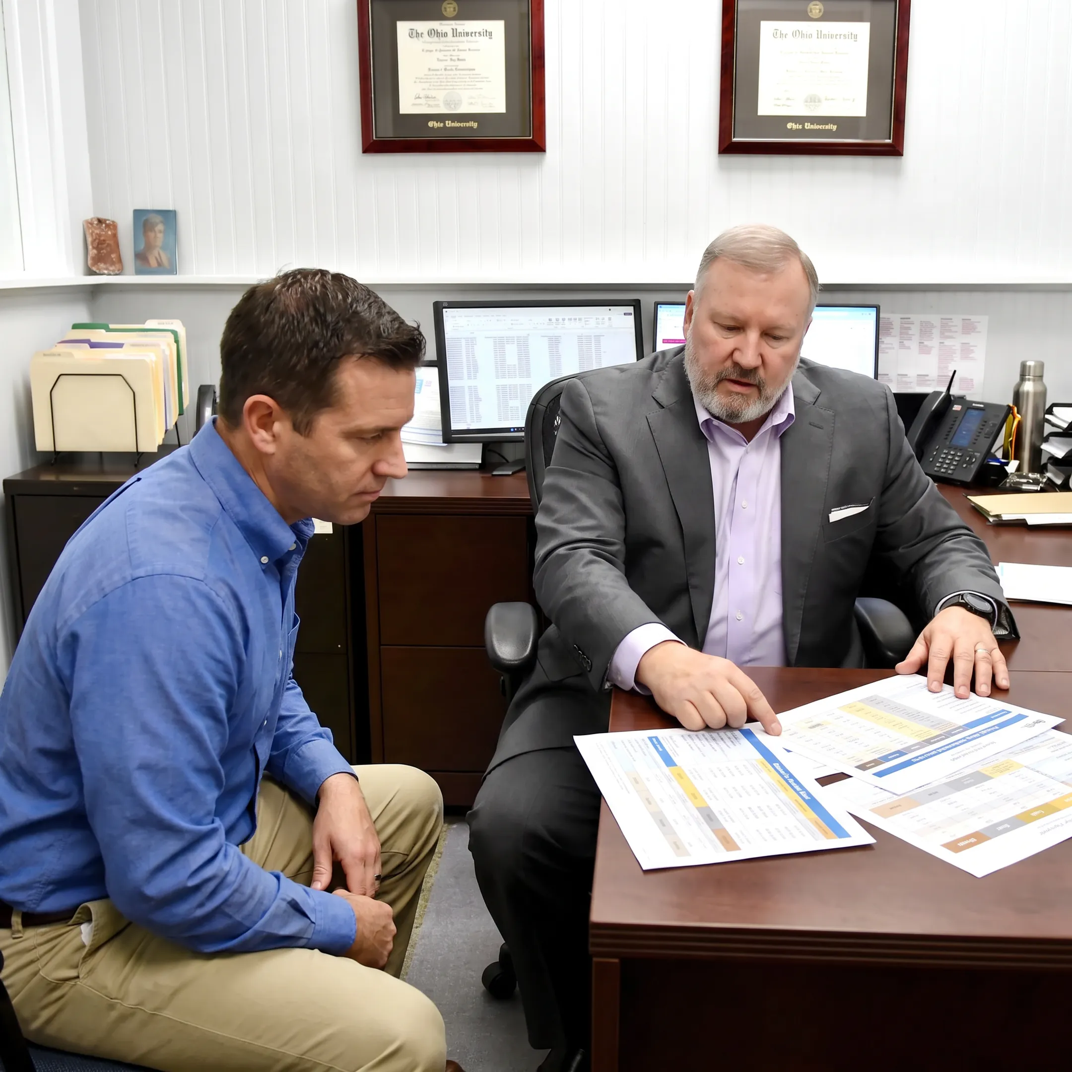Insurance broker explaining benefit options to business owner