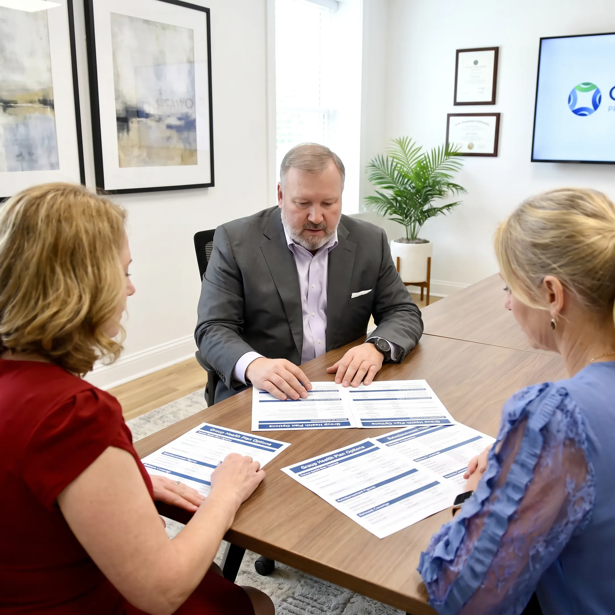 Benefits adviser explaining health coverage choices to business owner