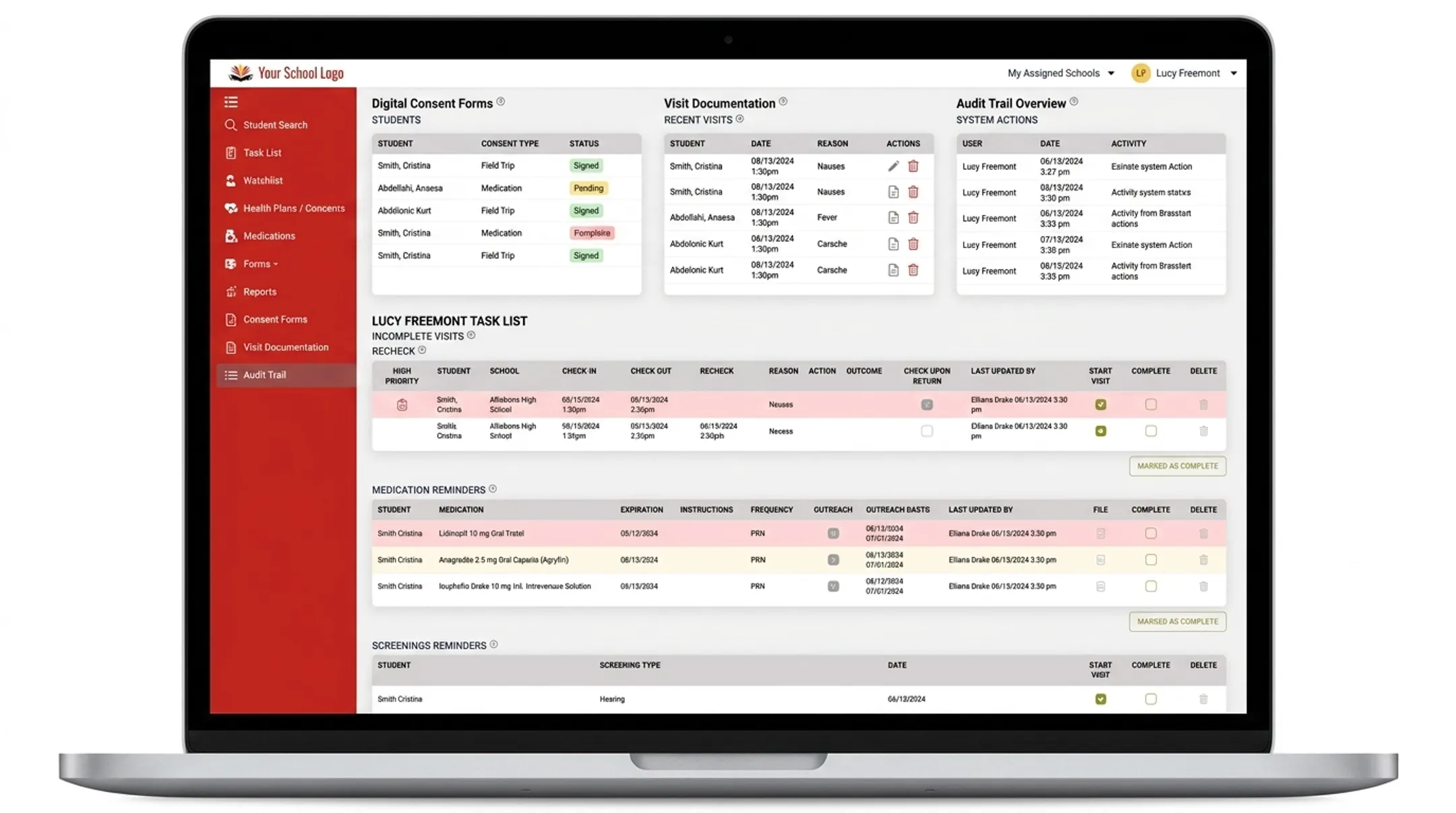 MyCabinet School Health dashboard showing consent forms and screening status