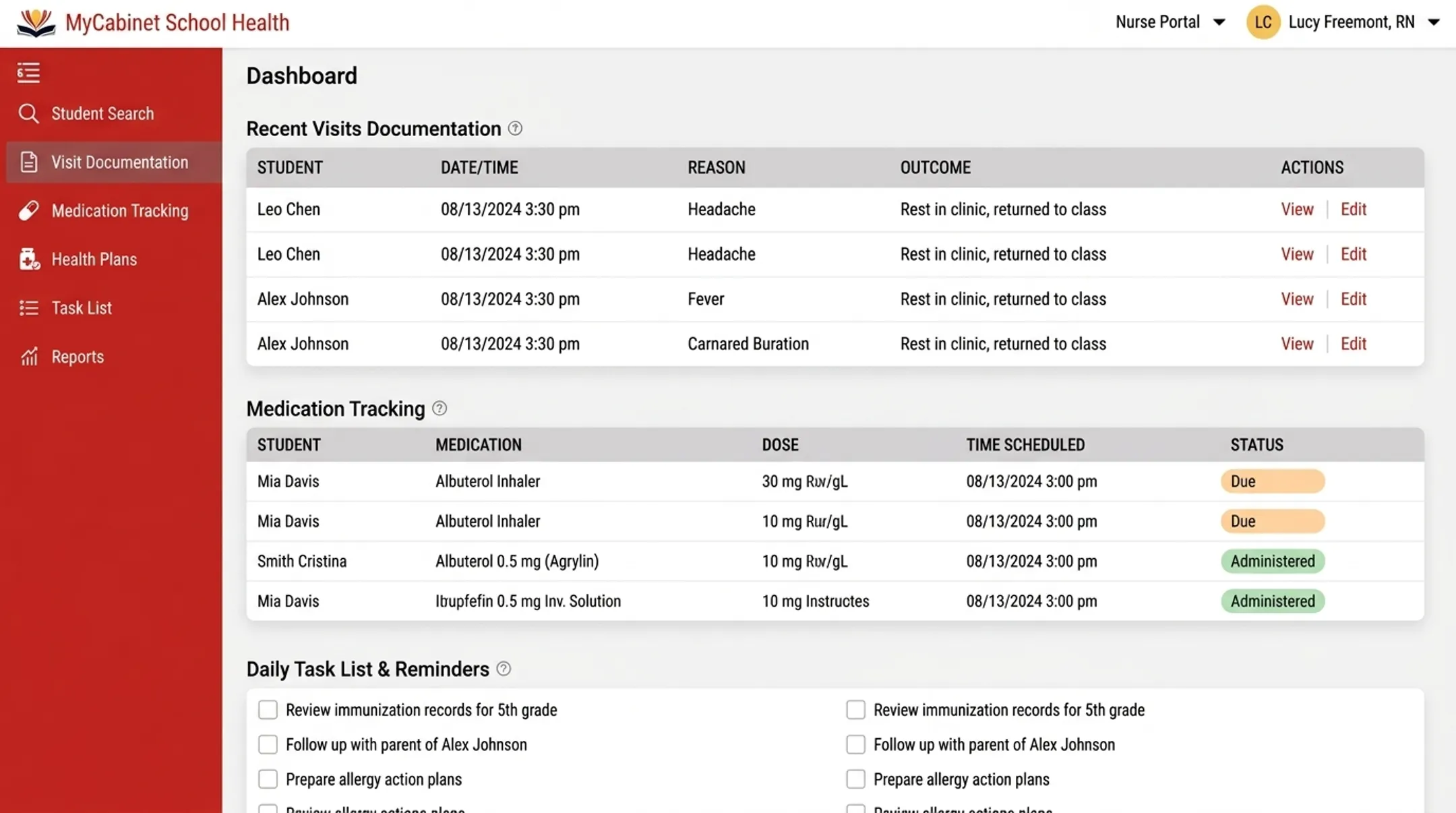 MyCabinet School Health nurse portal interface showing visit and medication tracking