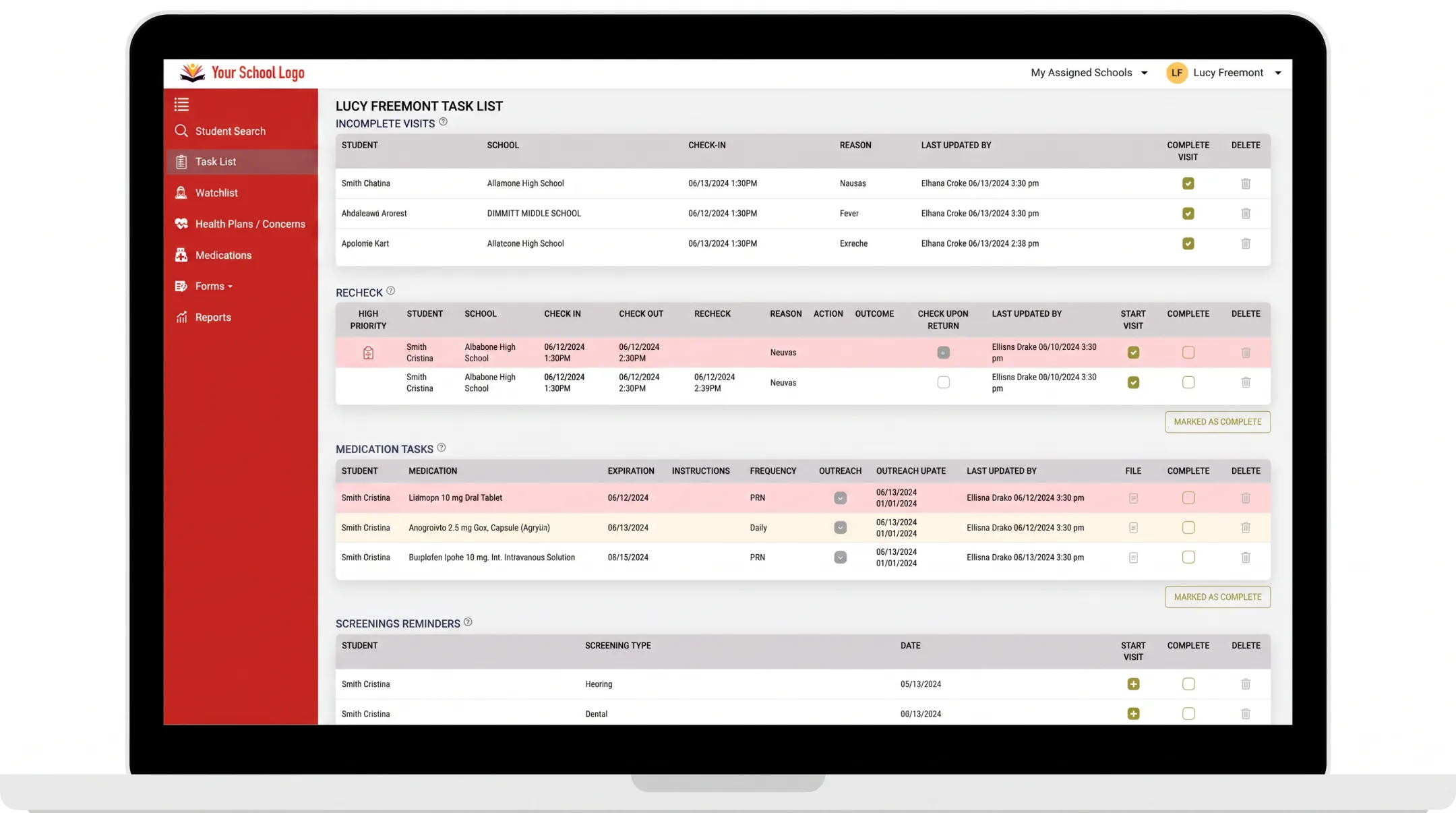 MyCabinet School Health nurse portal task list dashboard interface