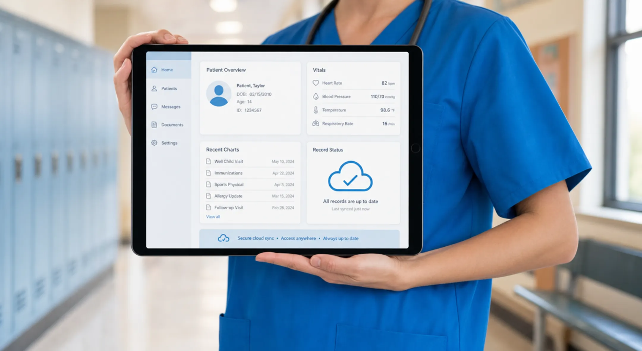 Healthcare staff accessing electronic health records on tablet device