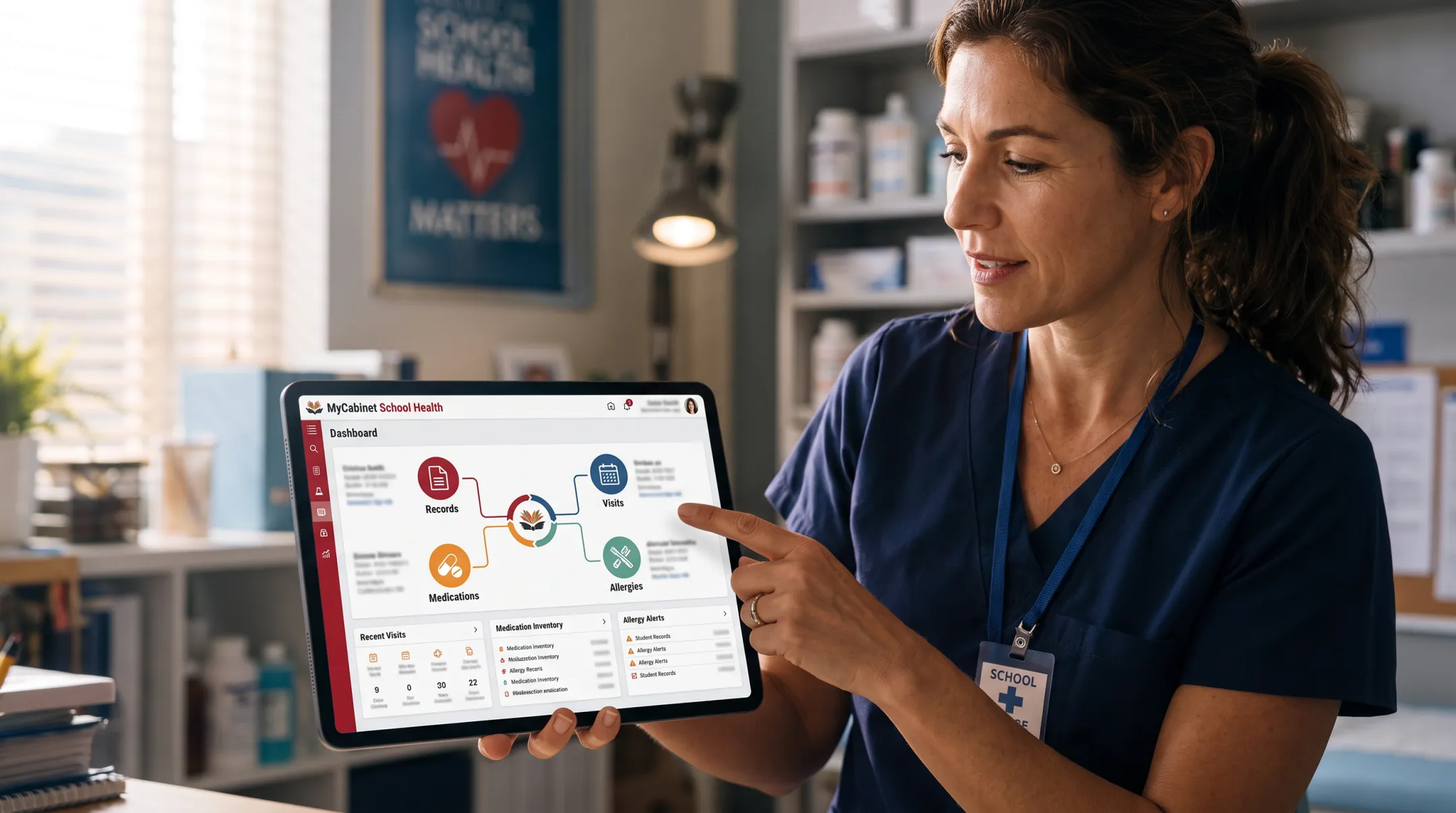 School nurse using MyCabinet School Health platform for student care