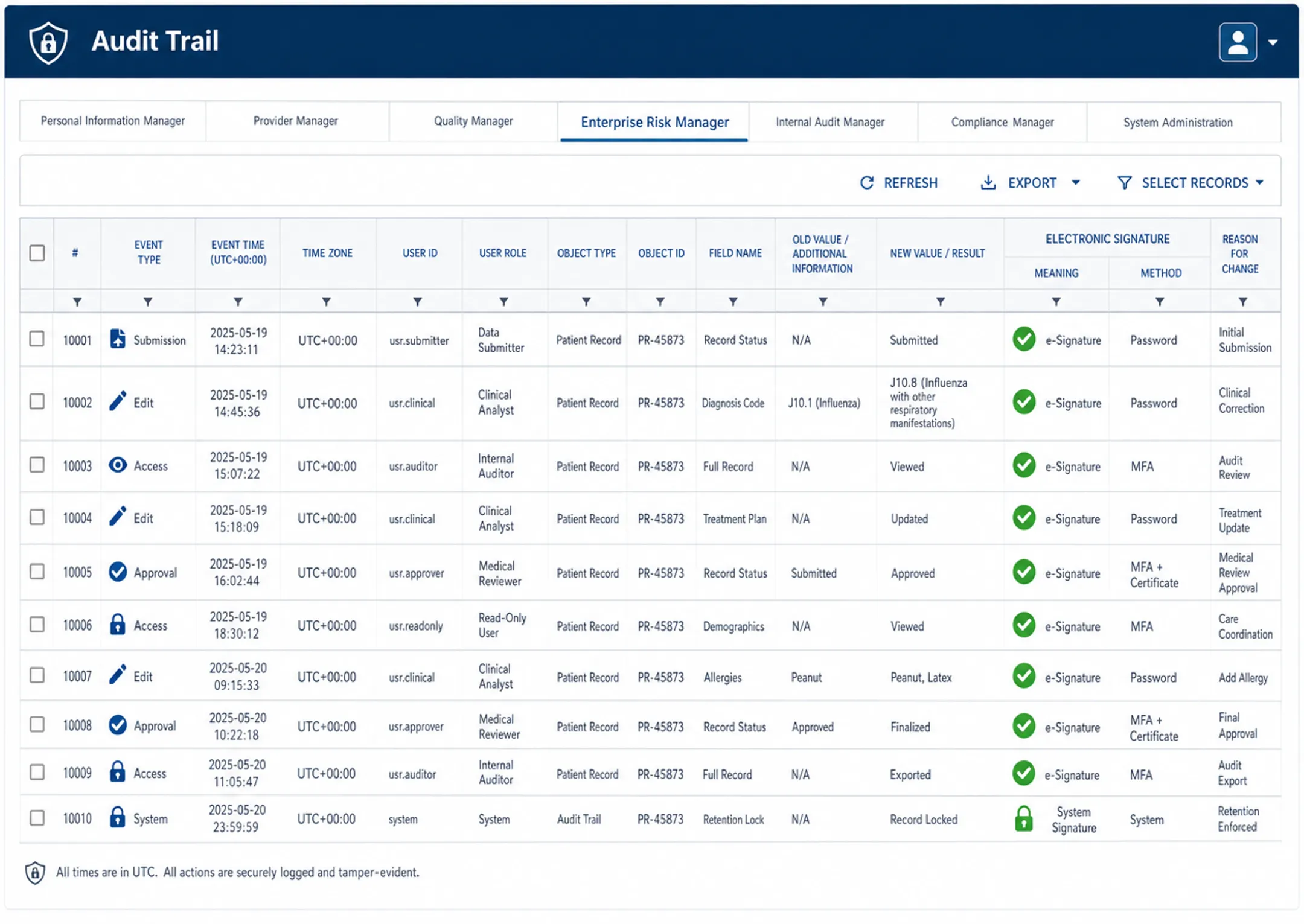 Digital audit trail log showing timestamped record access and edits