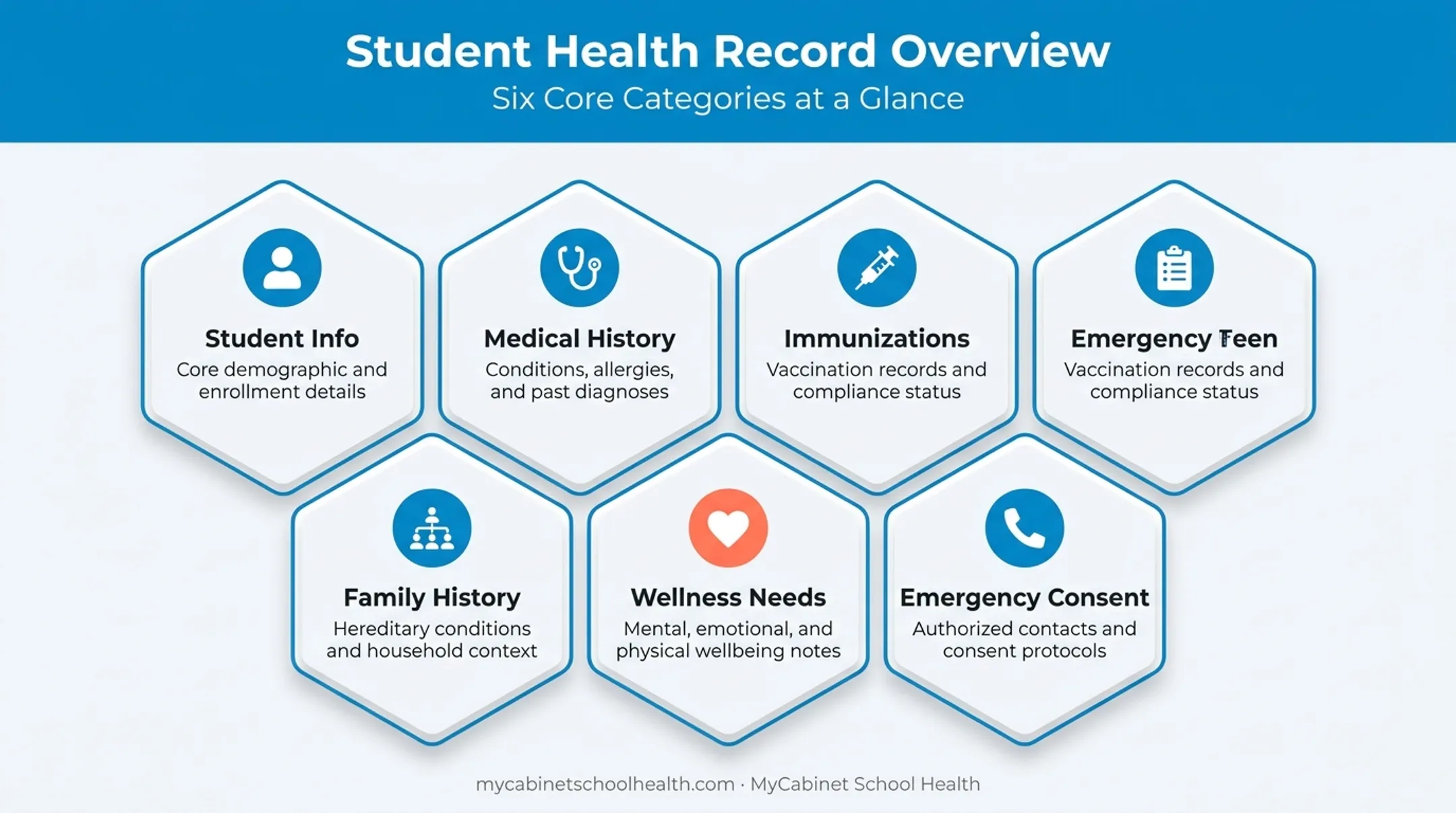 Six core categories in a student health history form checklist
