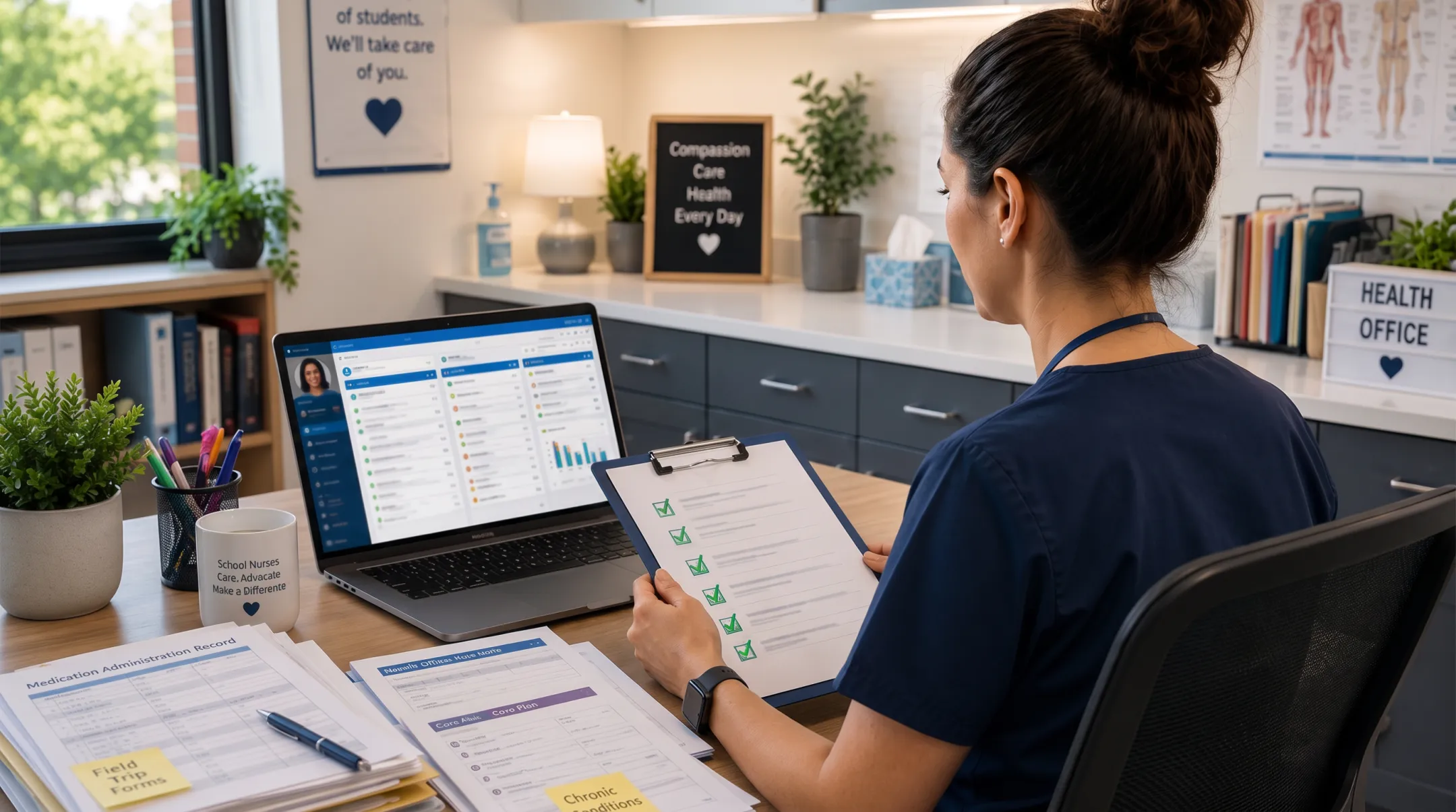 School nurse using connected digital health forms and parent communication tools