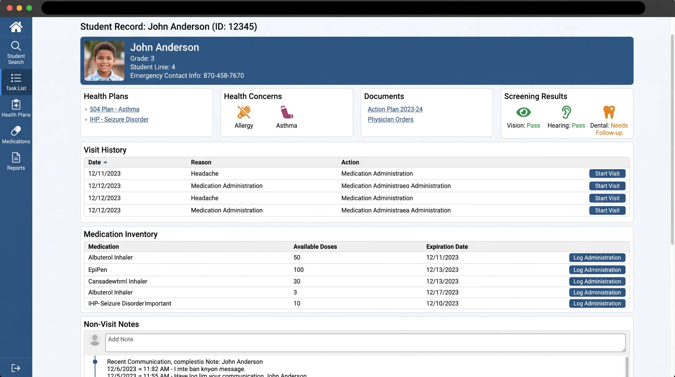 School nurse portal dashboard showing student health records and task lists
