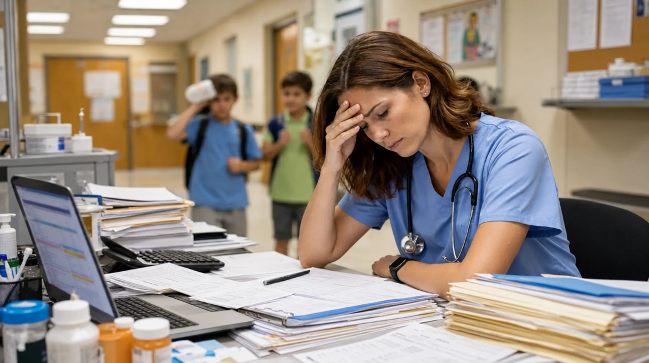 School nurse reviewing student health records in busy clinic office