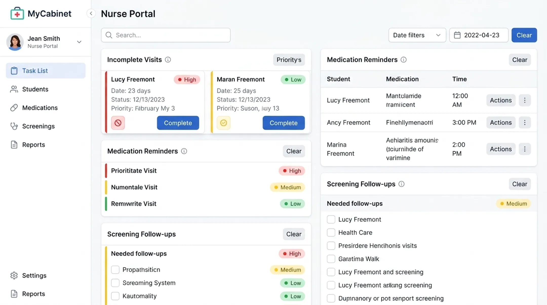 MyCabinet Nurse Portal dashboard showing student health task list