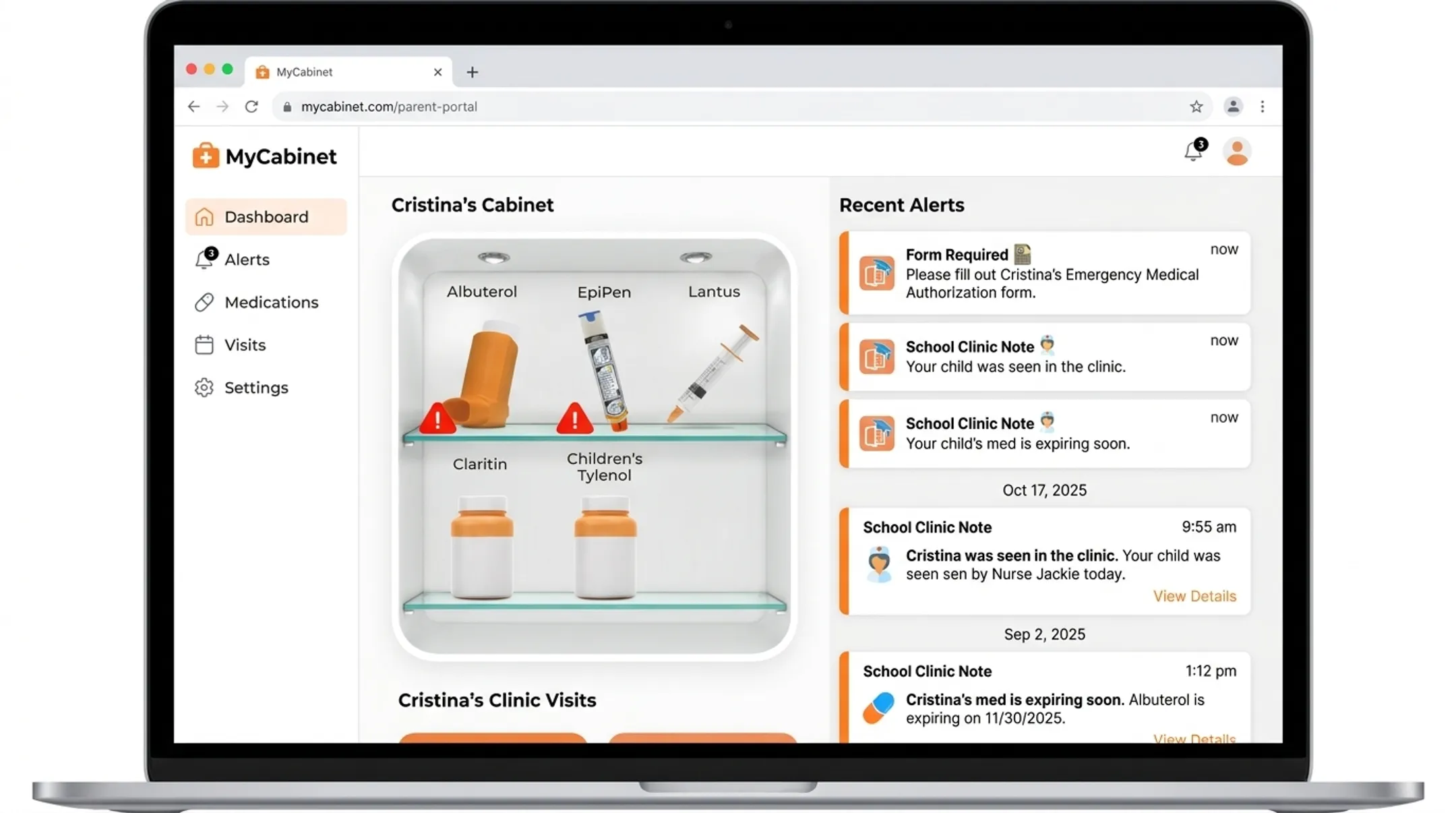 Parent mobile app showing clinic visit alerts and medication status notifications
