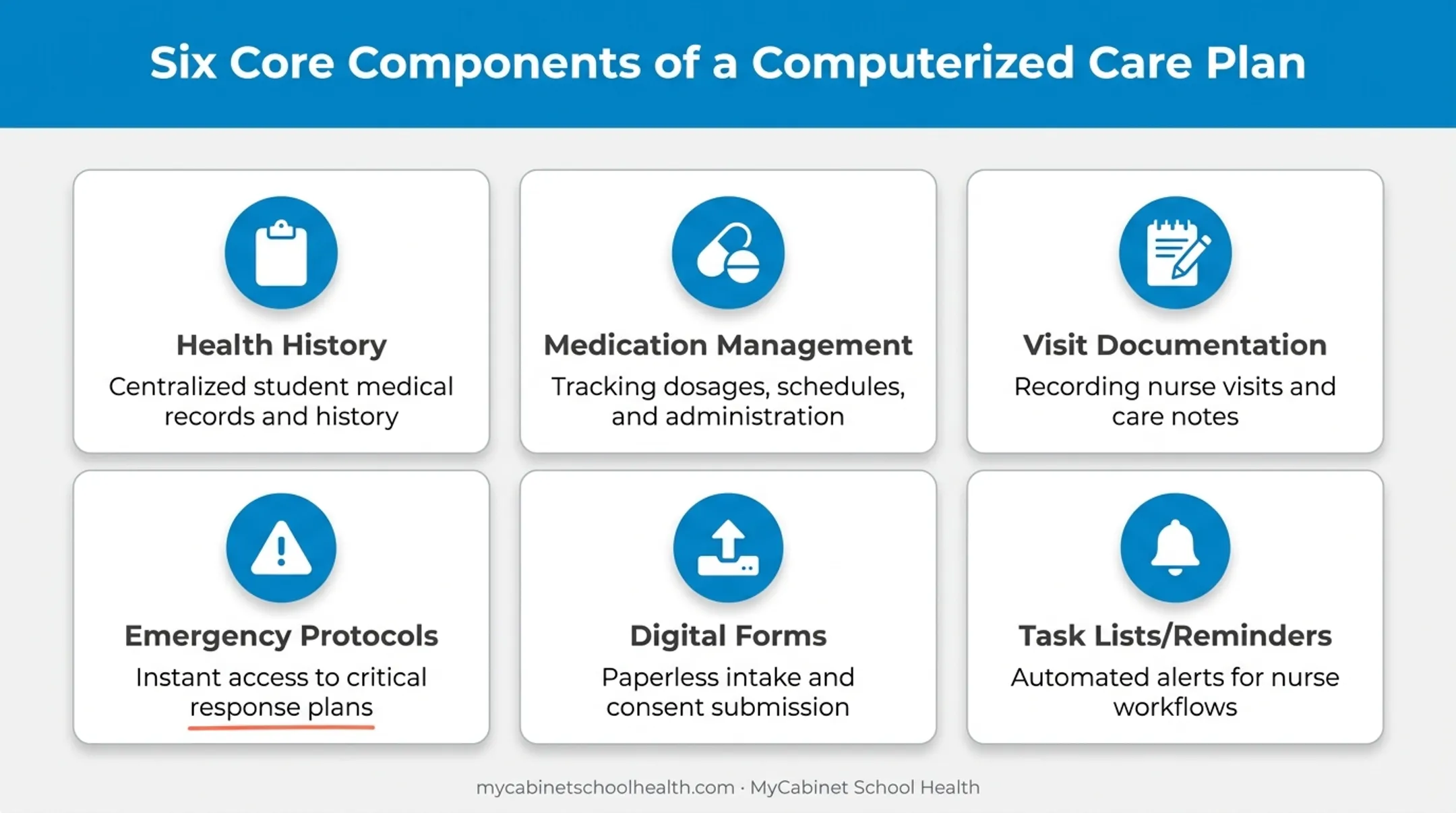 Six core components of a computerized school nurse care plan