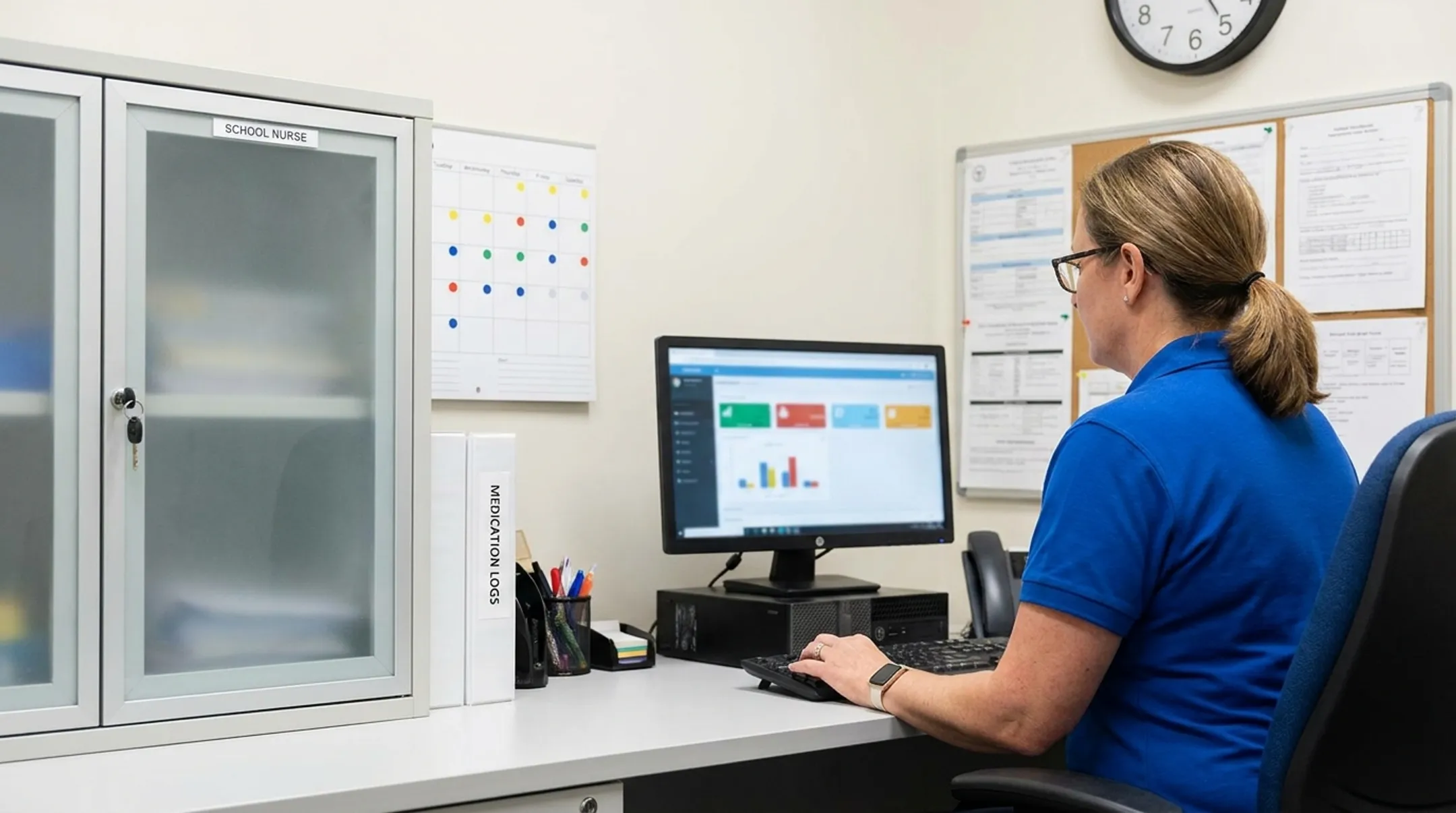 School nurse using medication expiration tracking software in health office