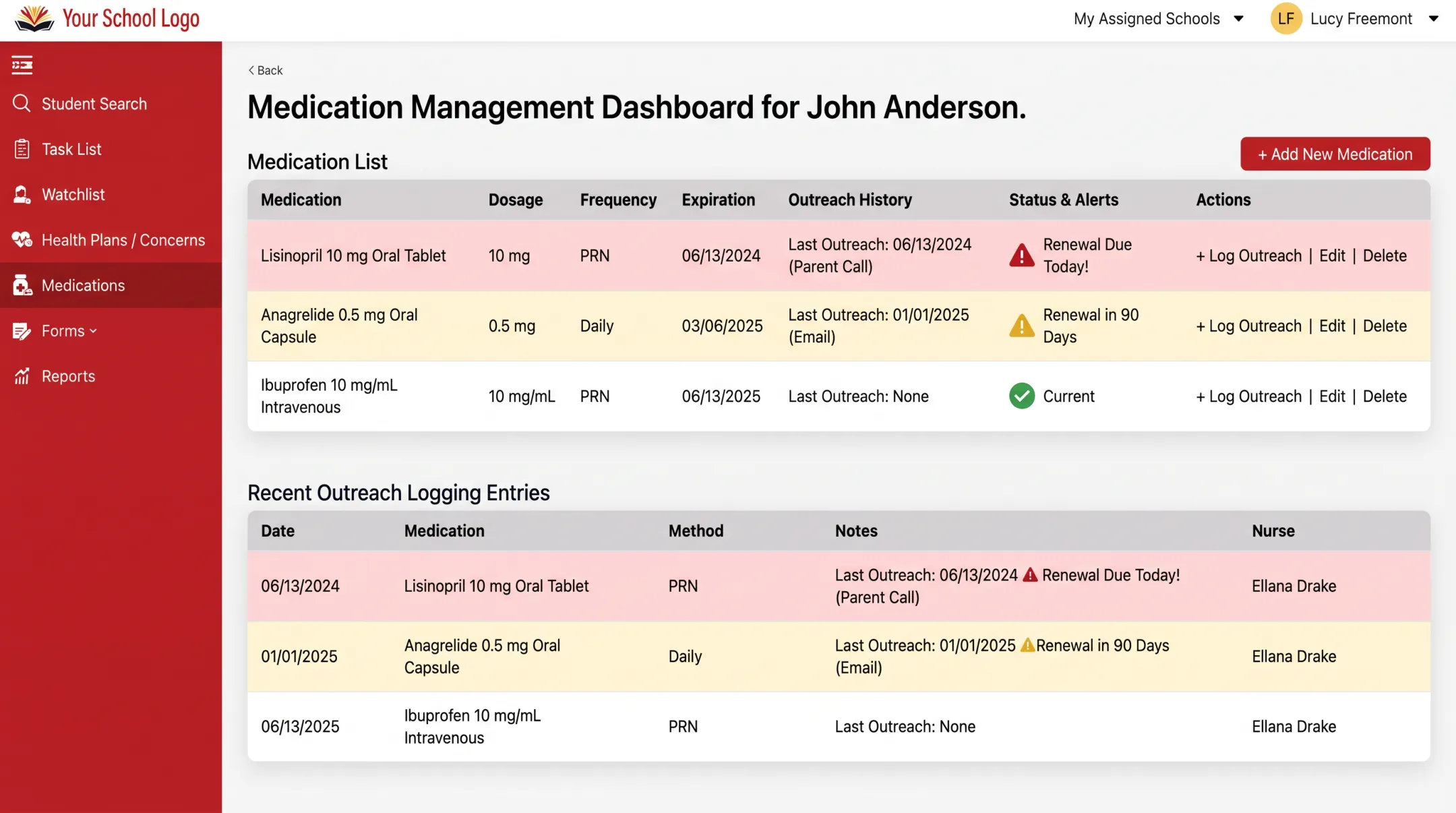 Nurse Portal medication management dashboard showing dosage tracking alerts