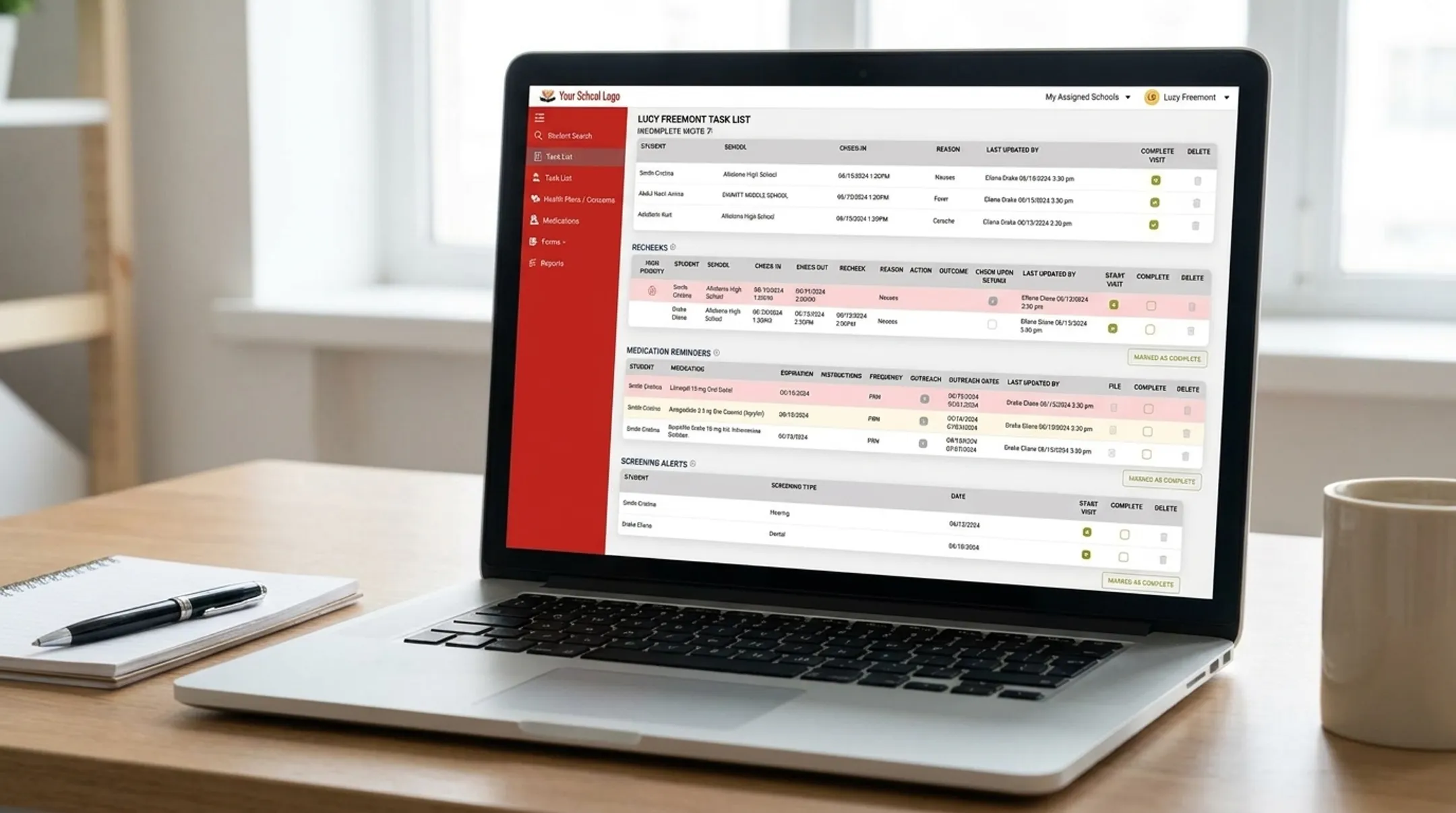 MyCabinet Nurse Portal dashboard showing student task and medication alerts