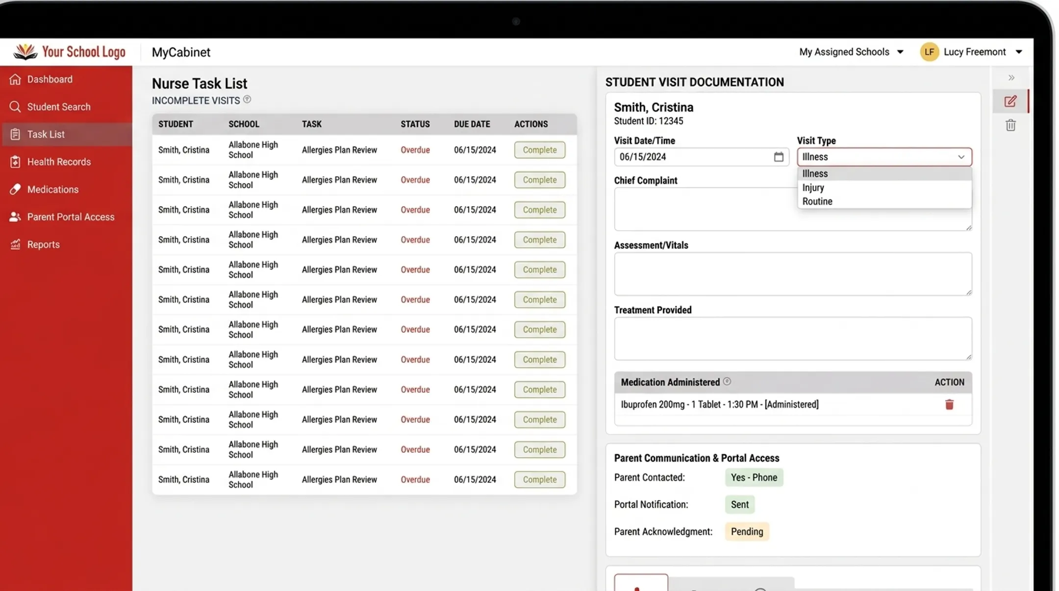 MyCabinet school health EMR interface showing student visit documentation