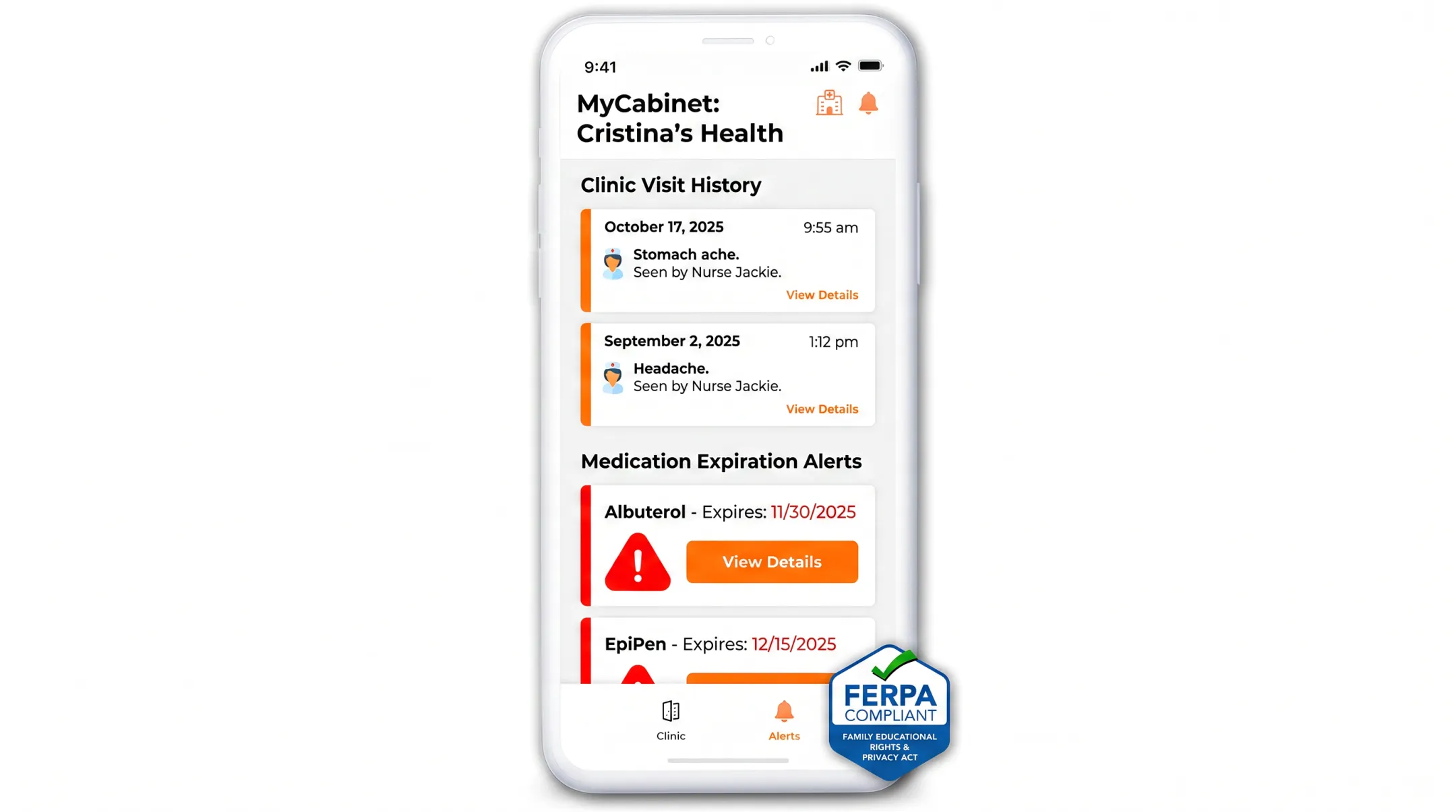 MyCabinet parent app showing student clinic visit and medication tracking