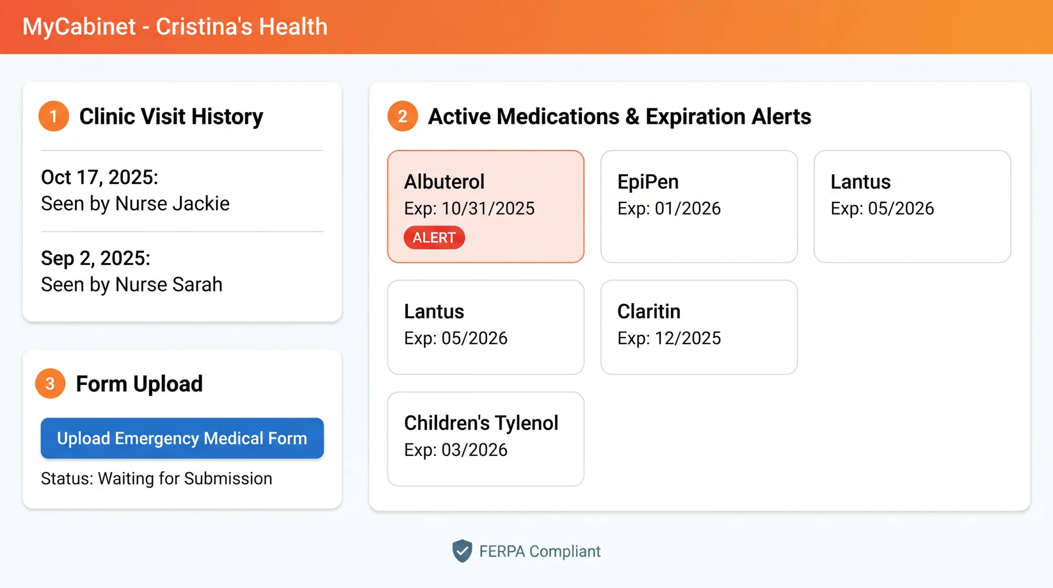 Parent App interface displaying medication alerts and health form uploads