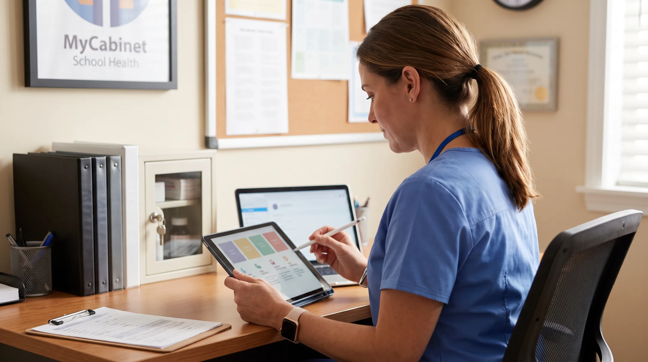 School nurse using secure student health EHR workflow at clinic workstation