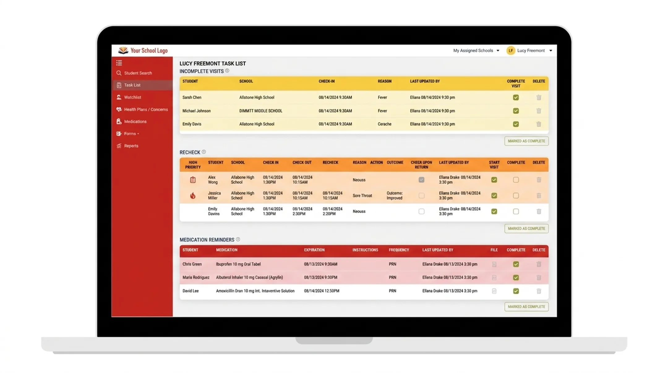 Nurse portal dashboard showing color-coded task list and medication tracking