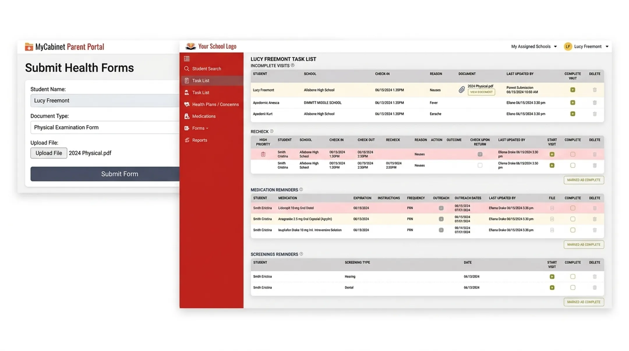 Parent health form submission portal integrated with student nurse records