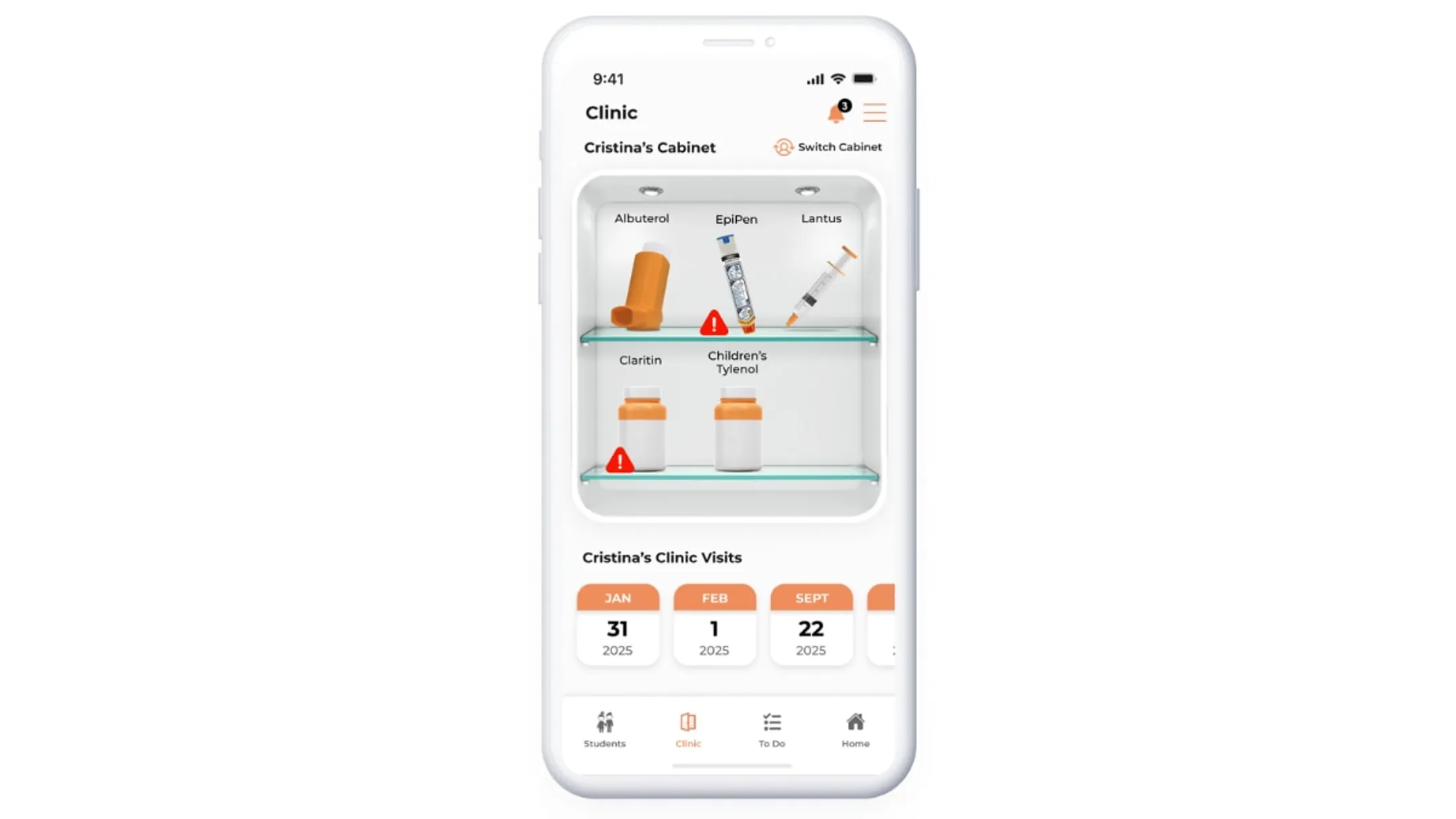 MyCabinet nurse portal dashboard showing student medication and care plan details