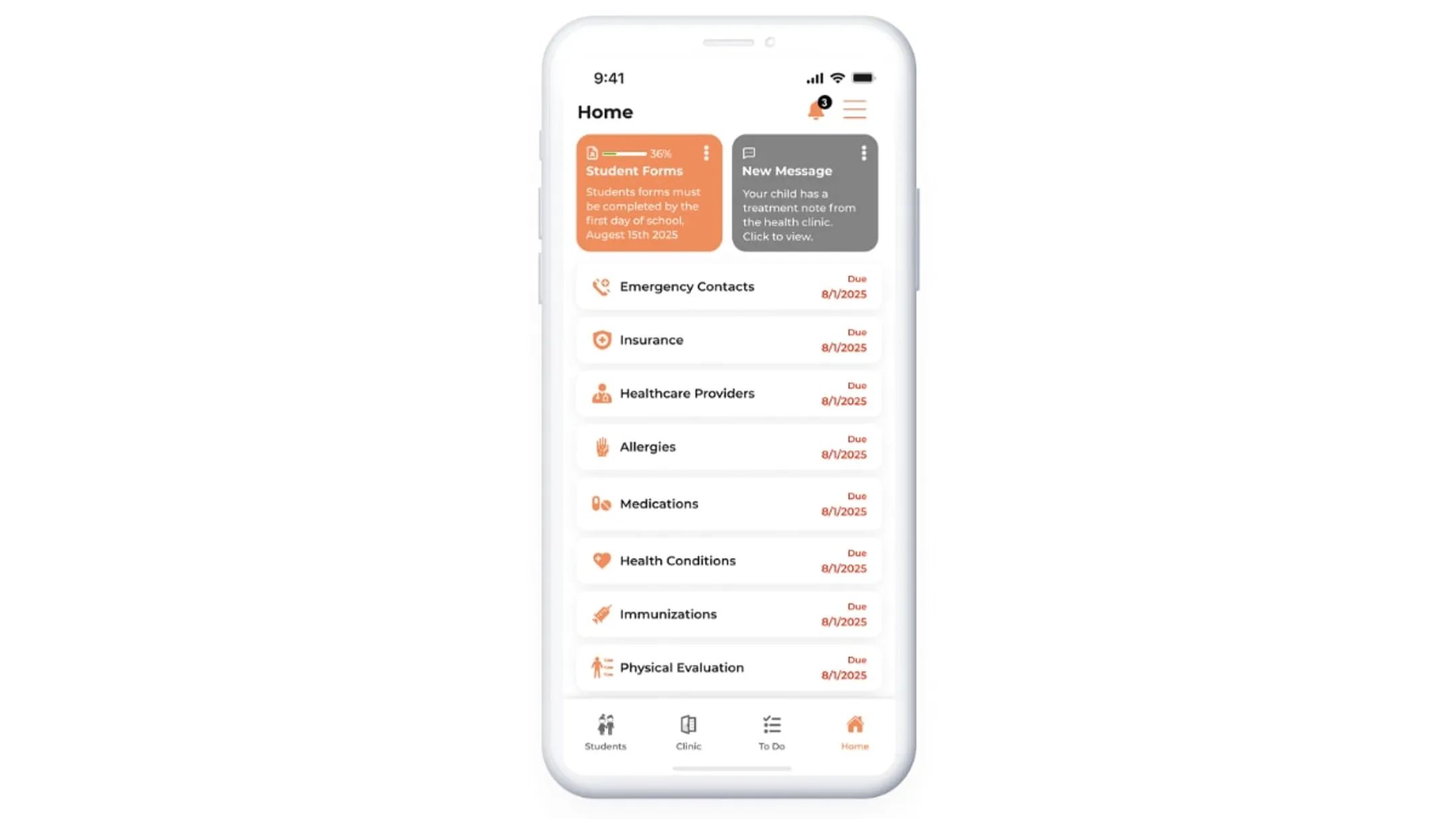 MyCabinet Parent App interface showing clinic visit and medication notifications