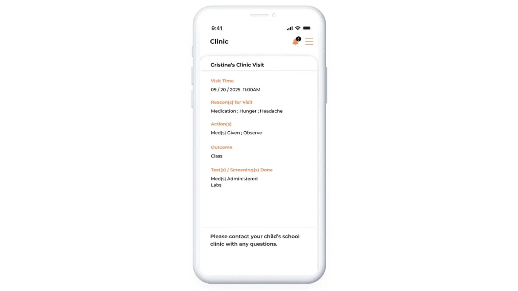 Parent mobile app showing clinic visit and medication status updates