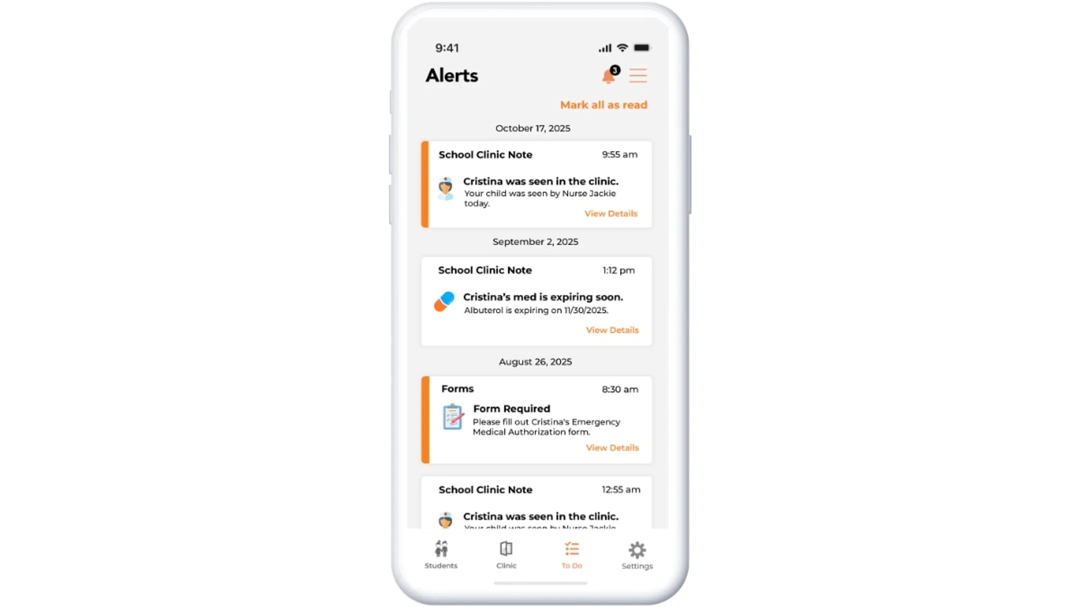 MyCabinet school health platform dashboard showing task lists and medication alerts