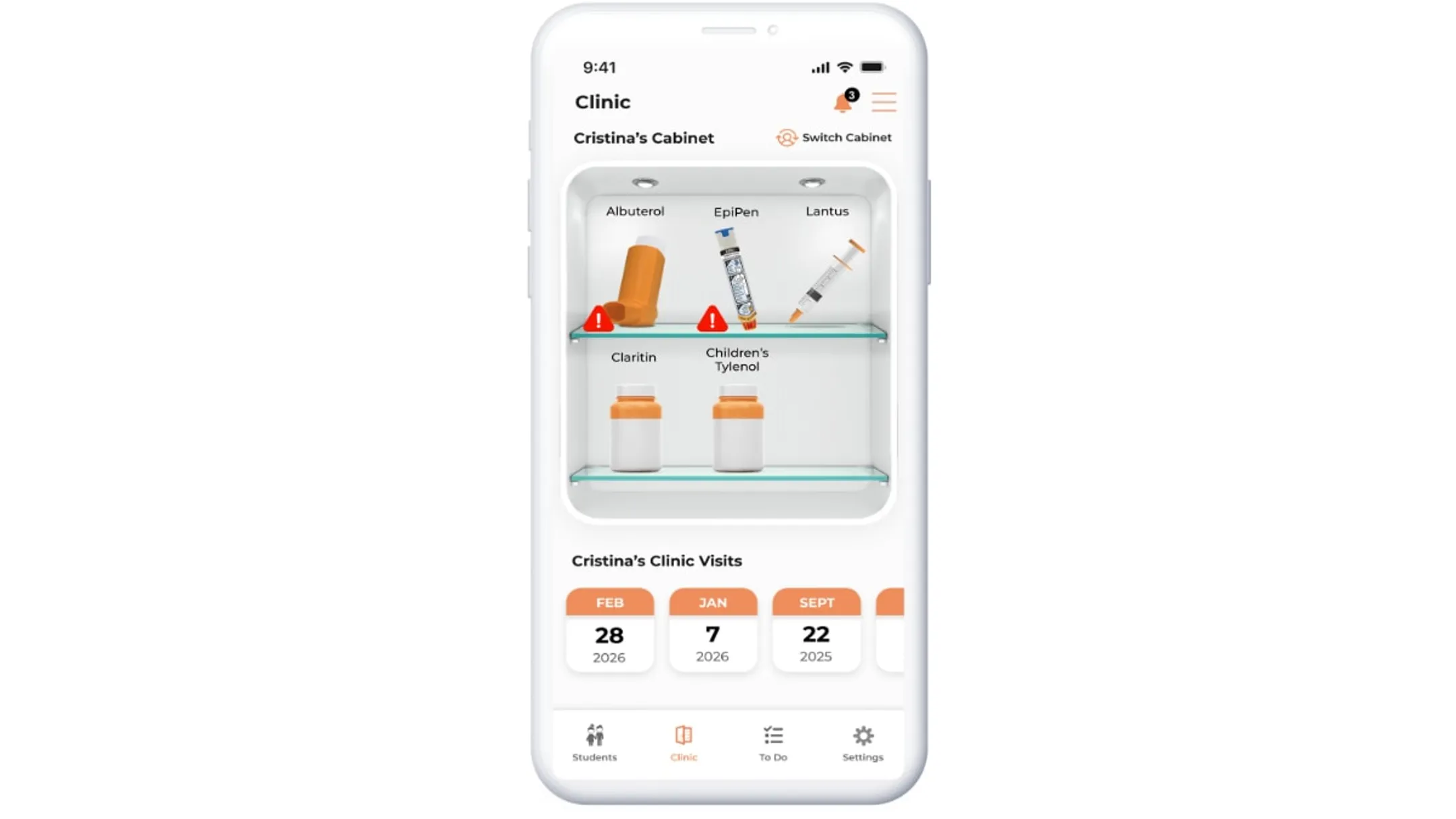 Parent app interface displaying child medication status and expiration alerts
