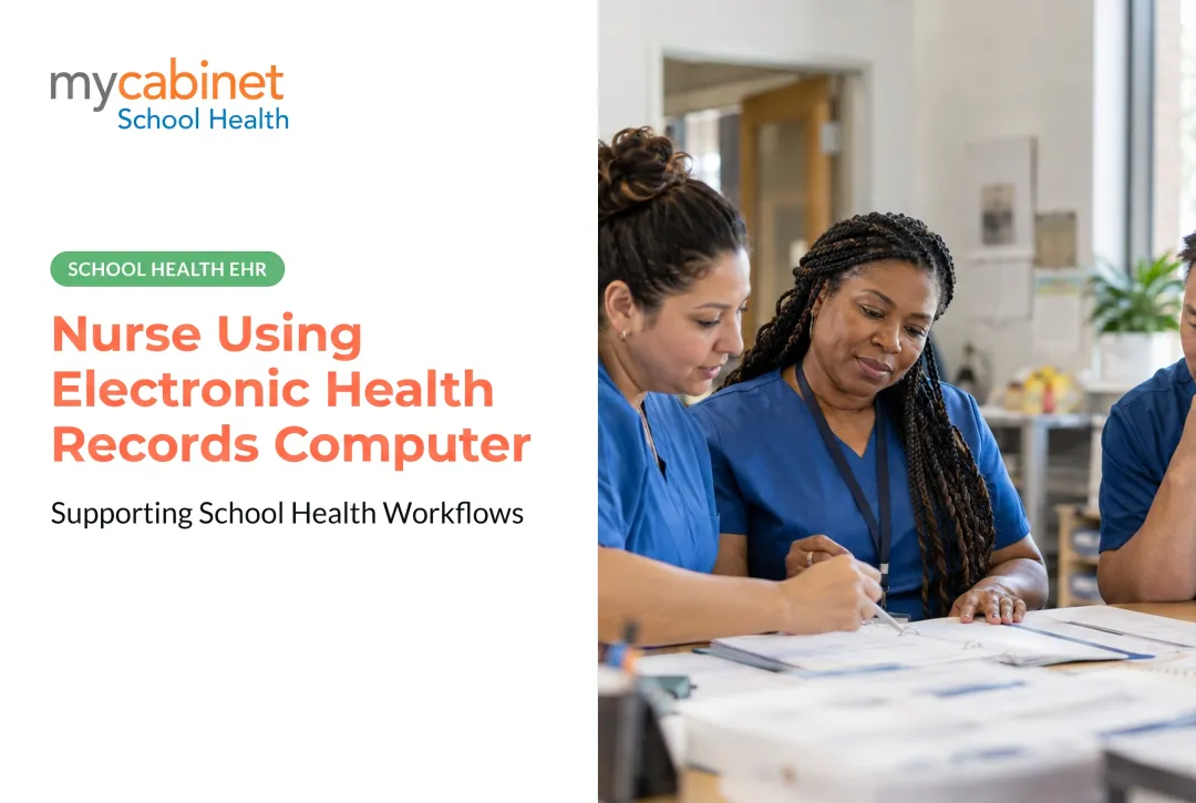Nurse Using Electronic Health Records Computer: Supporting School Health Workflows