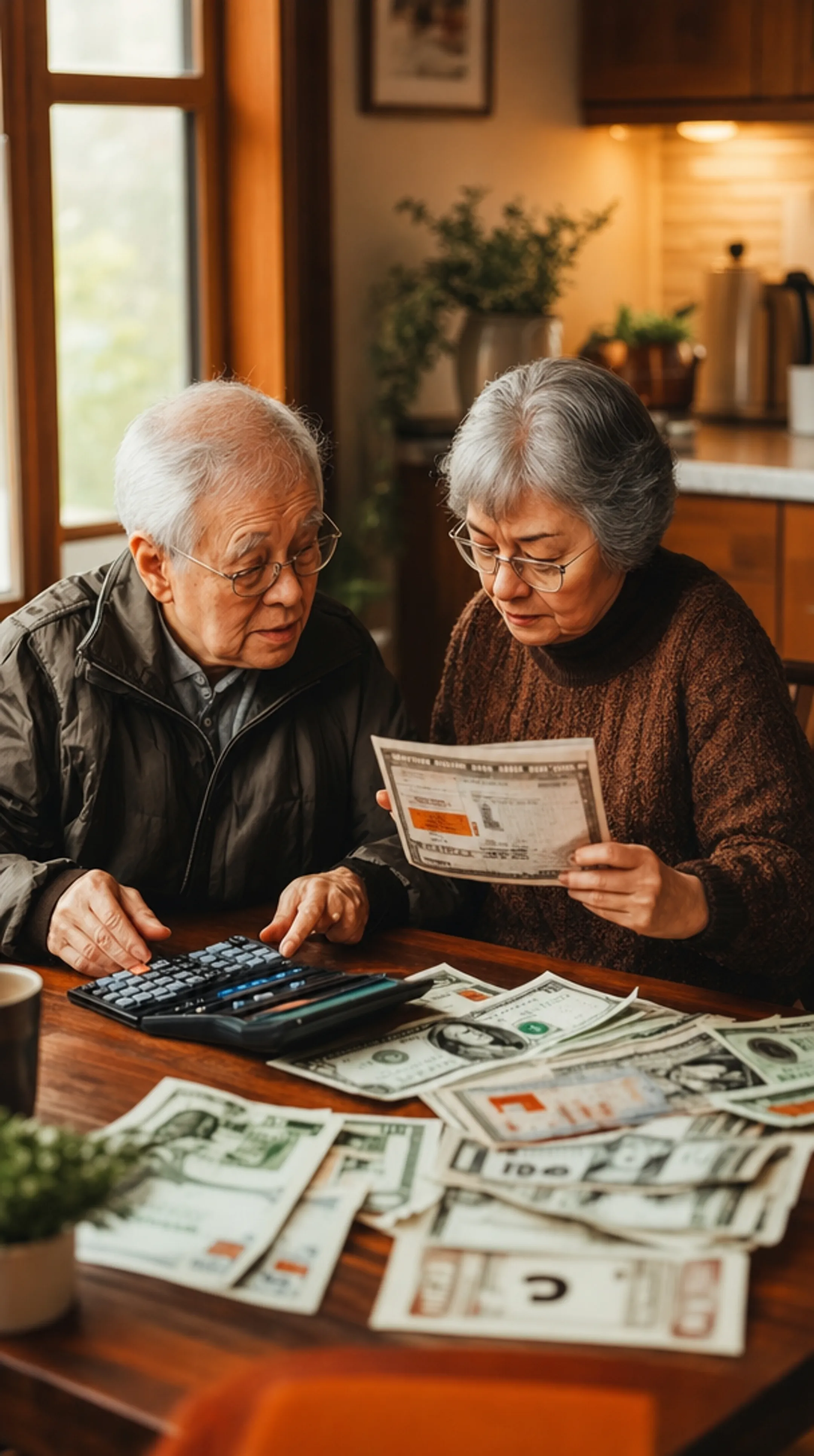 Florida retiree couple reviewing home finance documents at kitchen table