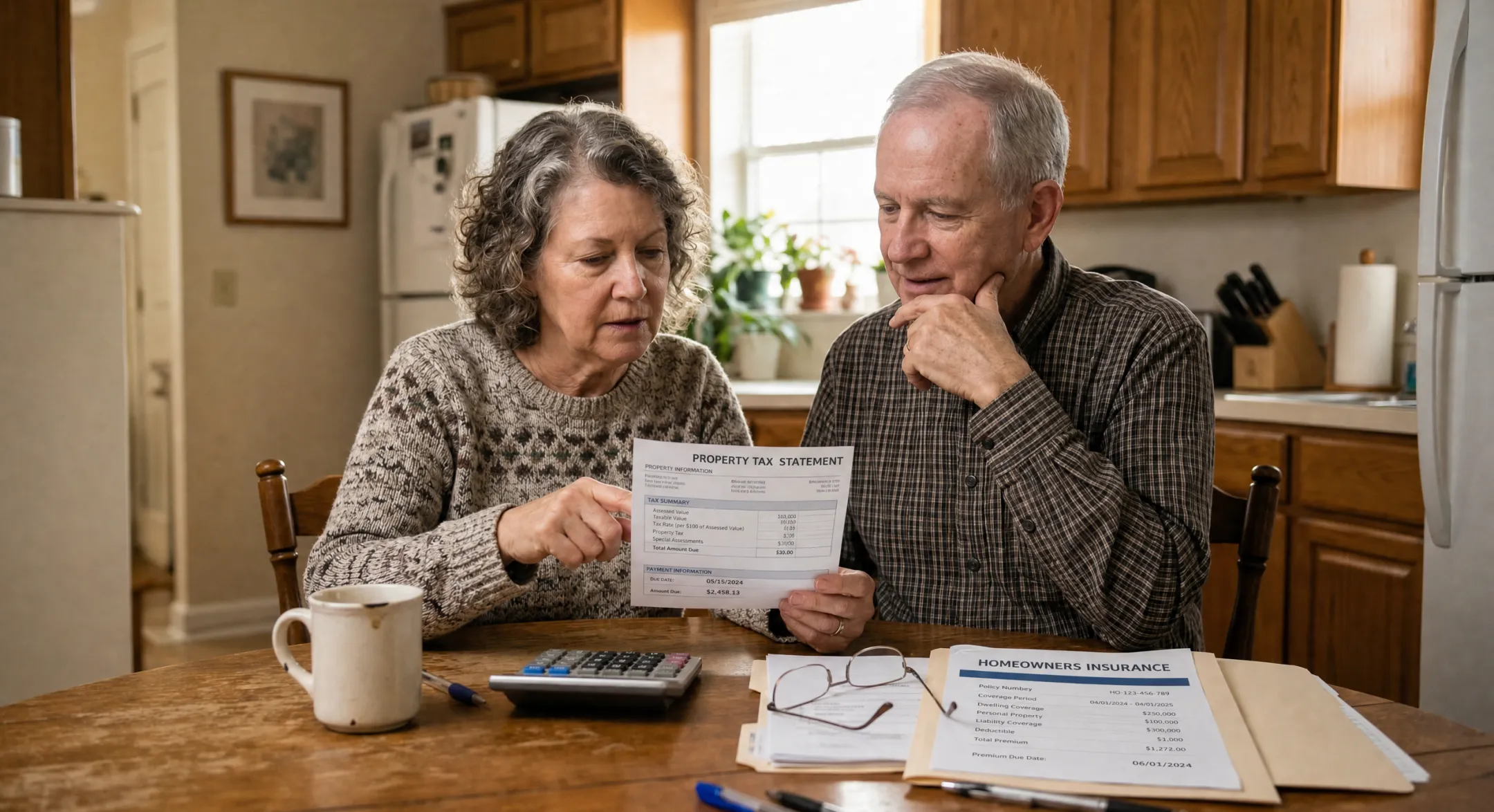 Homeowner reviewing property tax and insurance documents at kitchen table