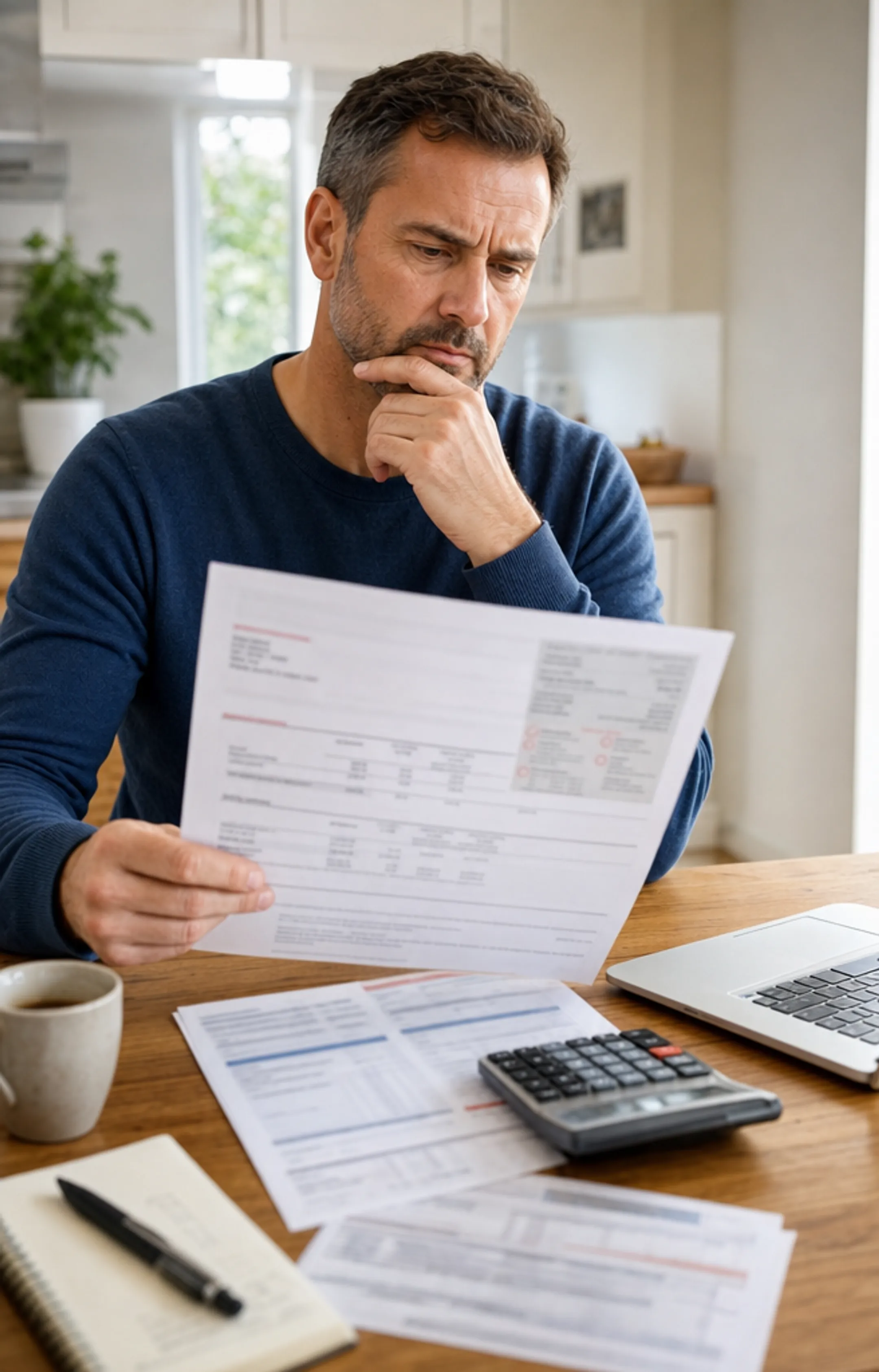Homeowner reviewing HELOC credit line documents with variable rate concerns