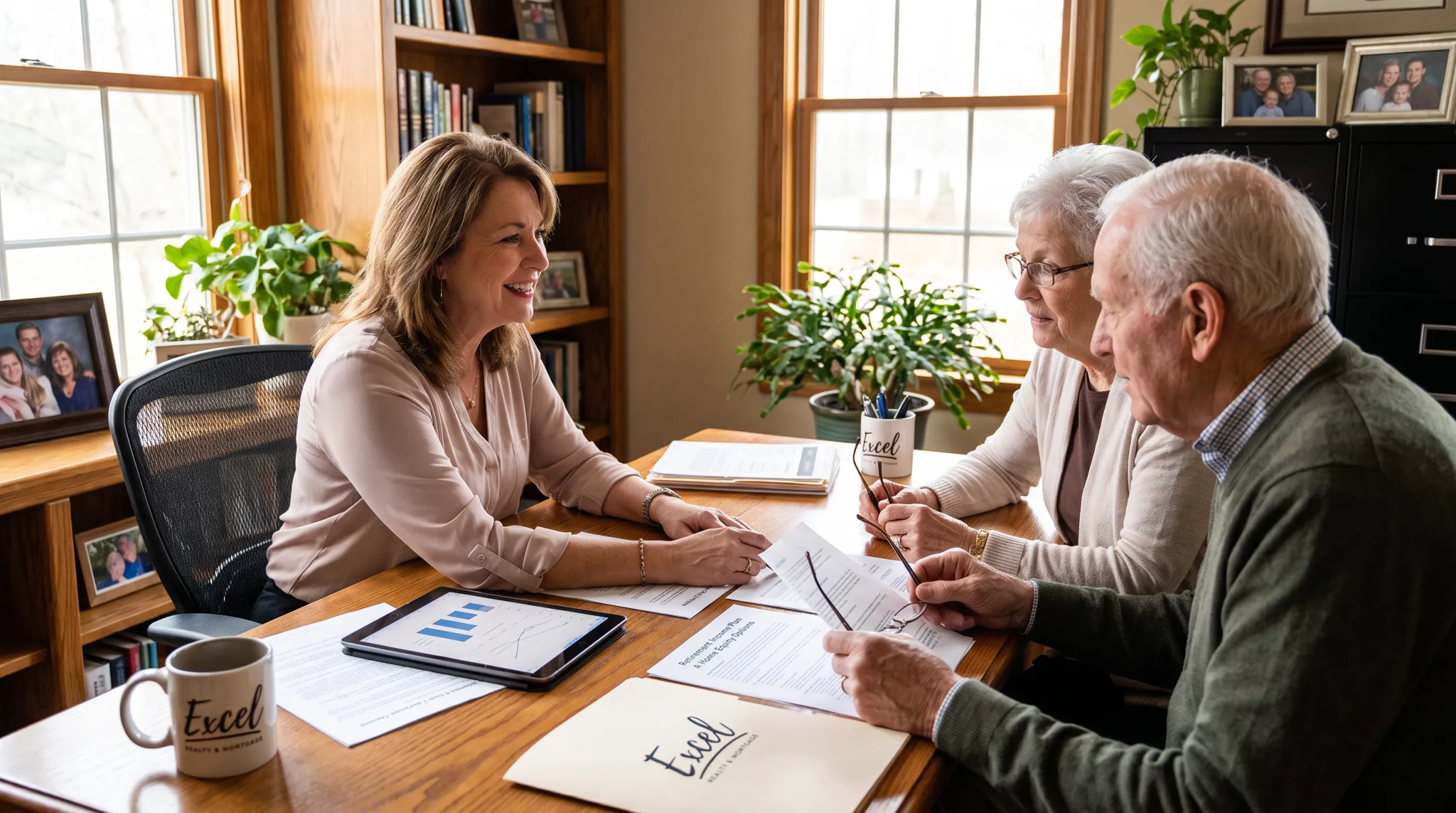Excel Mortgage Services loan officer consulting retiree about refinancing options