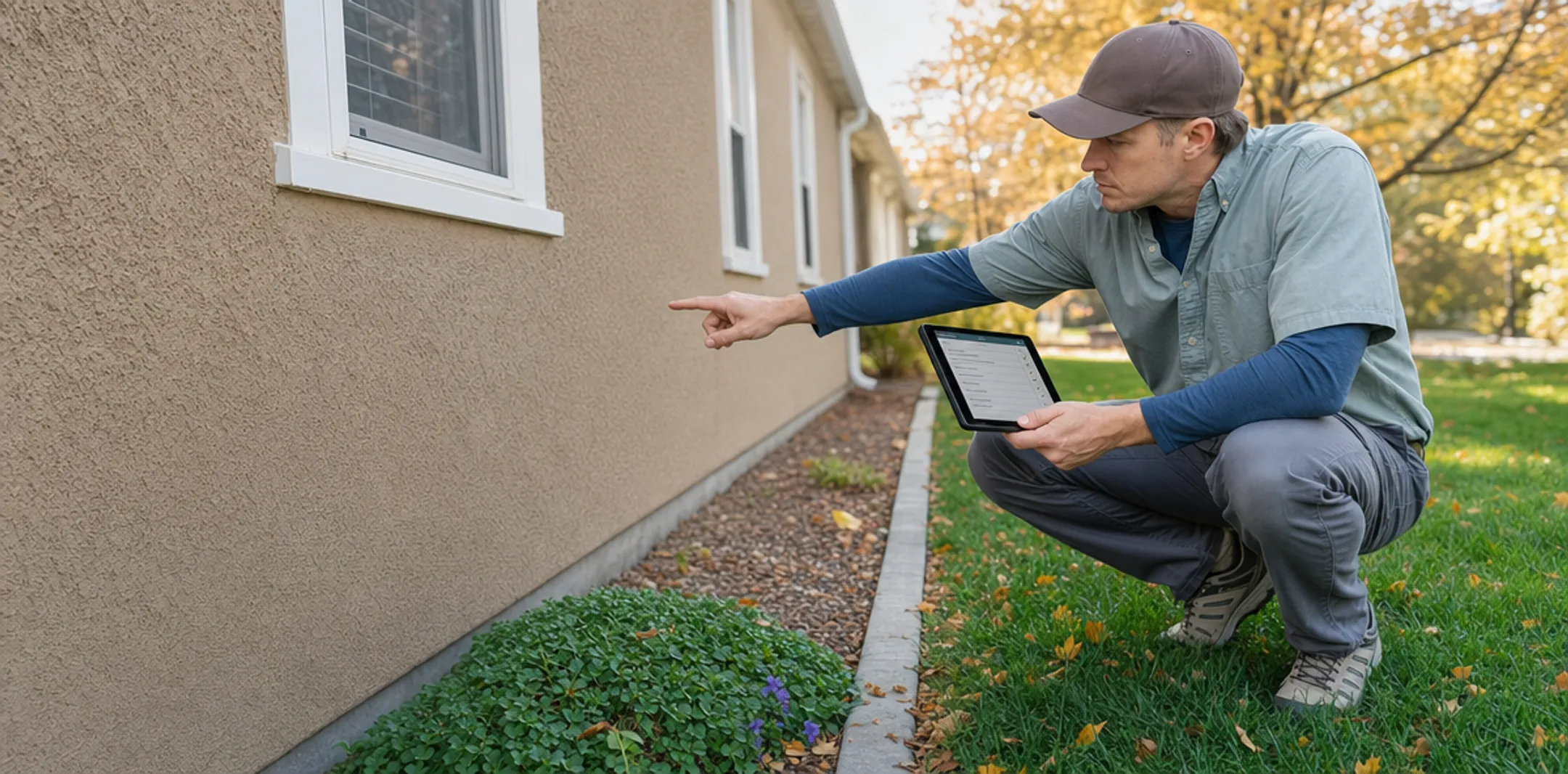 Appraiser inspecting single-family home exterior for FHA property standards