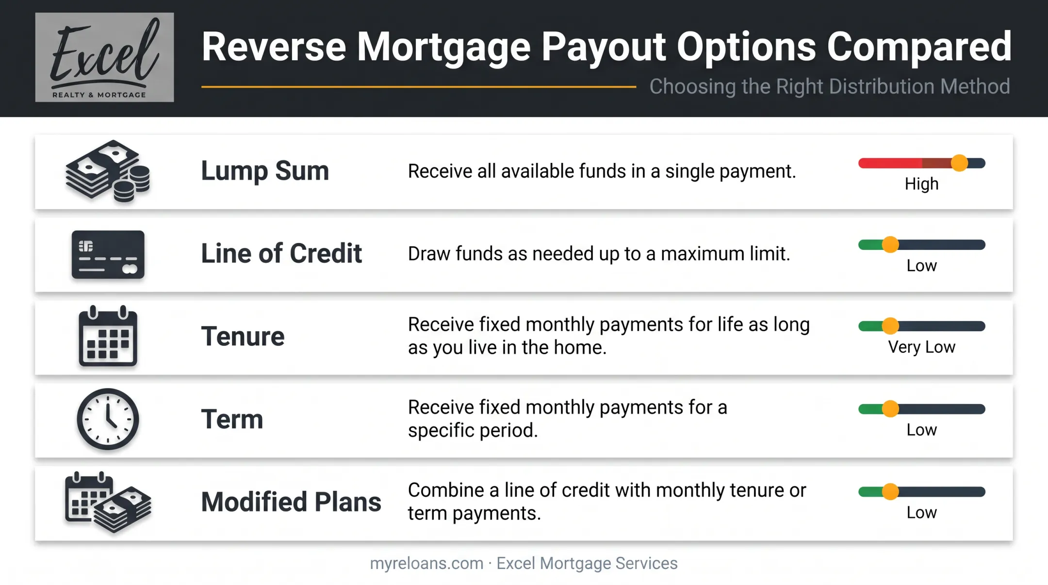 Comparison of five reverse mortgage payout options and their risk levels