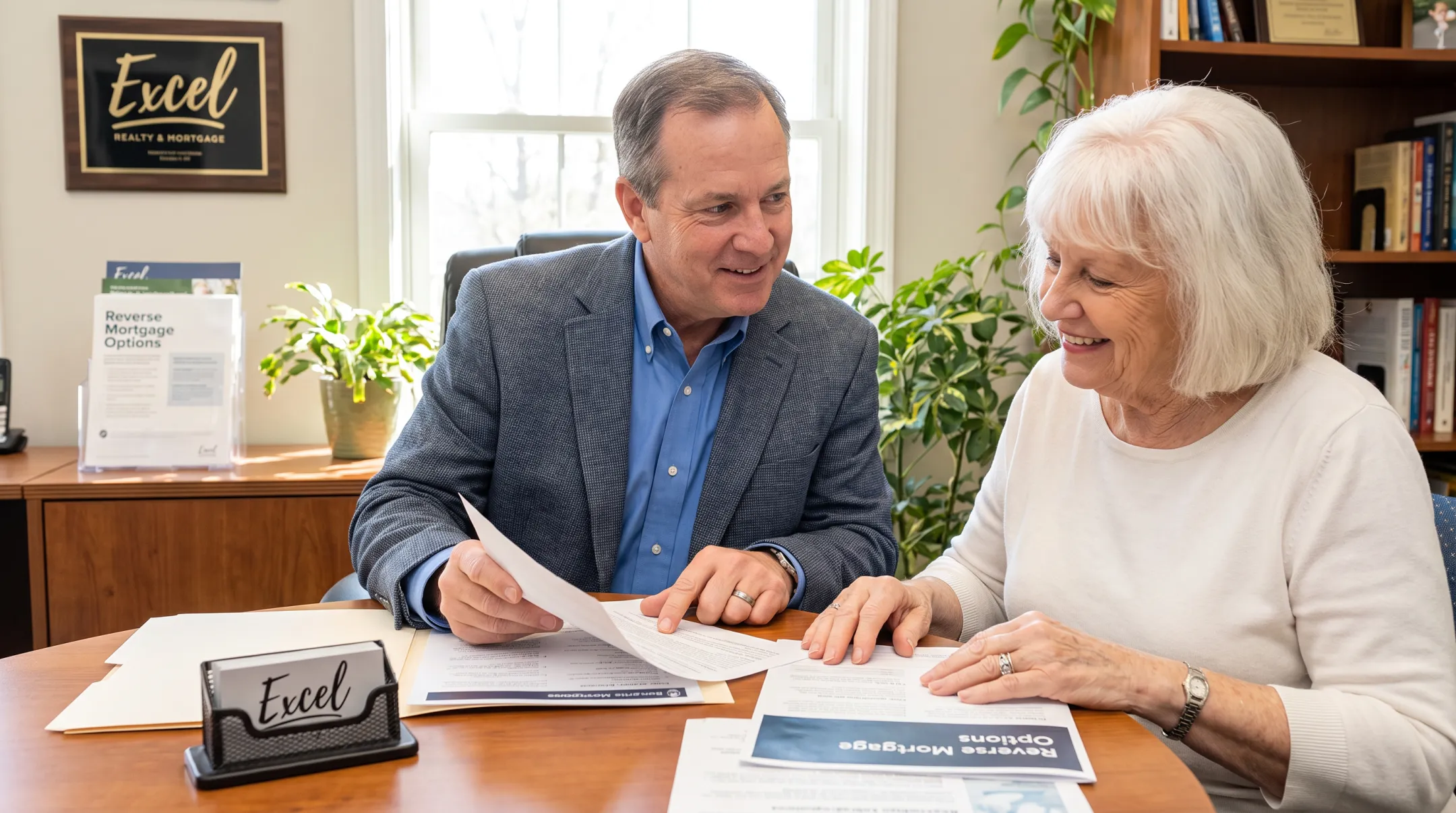 Loan officer consulting with senior homeowner about reverse mortgage options