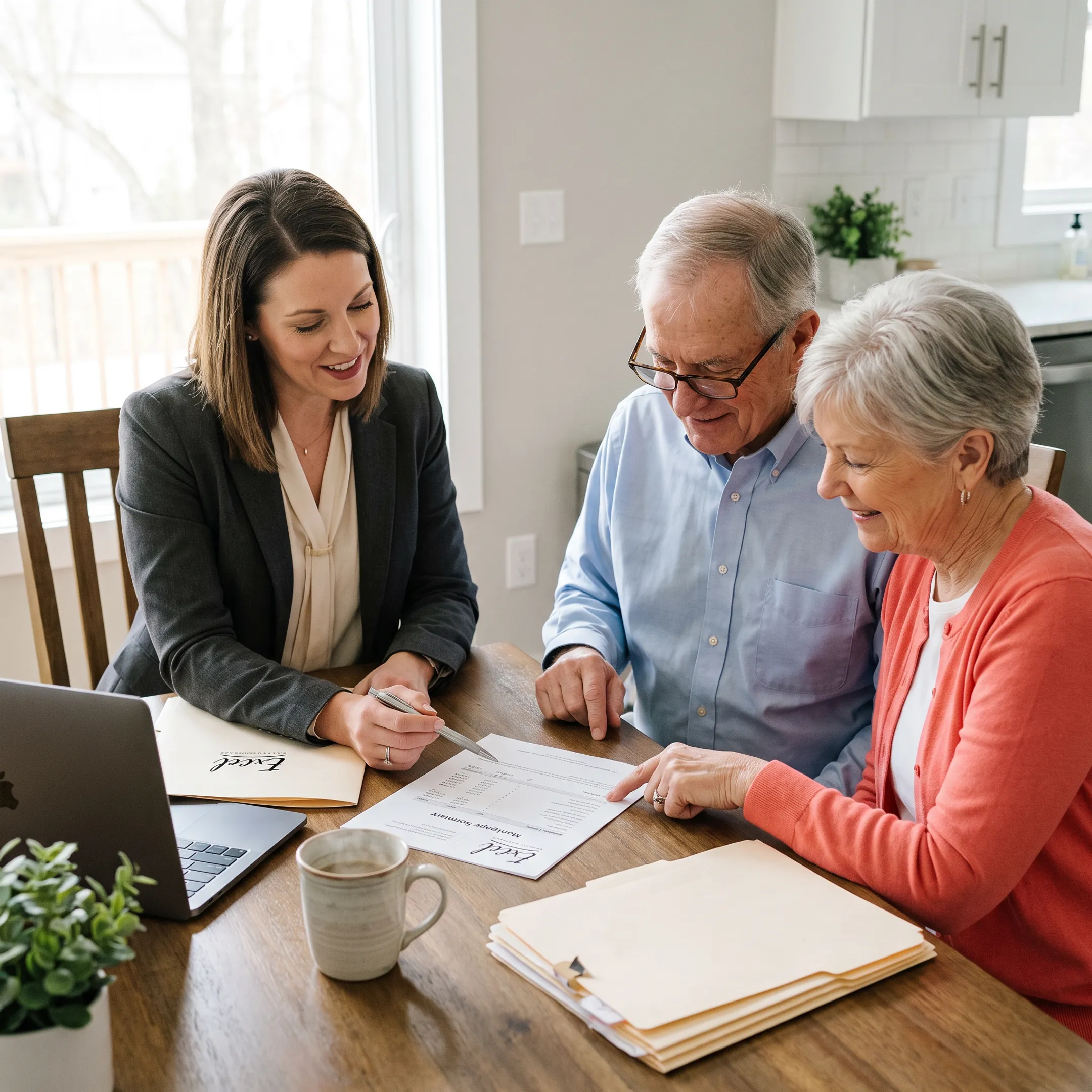 Senior couple reviewing home loan options with a mortgage professional