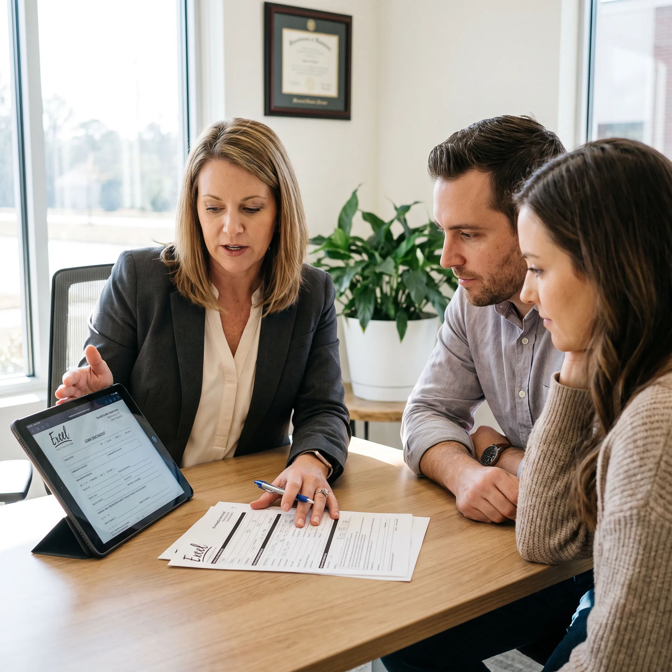 First-time buyers reviewing mortgage options with a loan officer