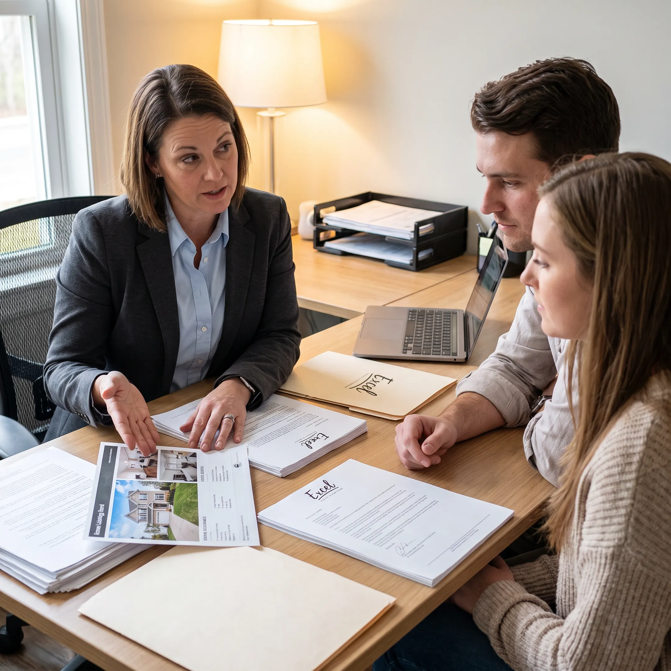 Mortgage officer explaining a home loan to first-time buyers
