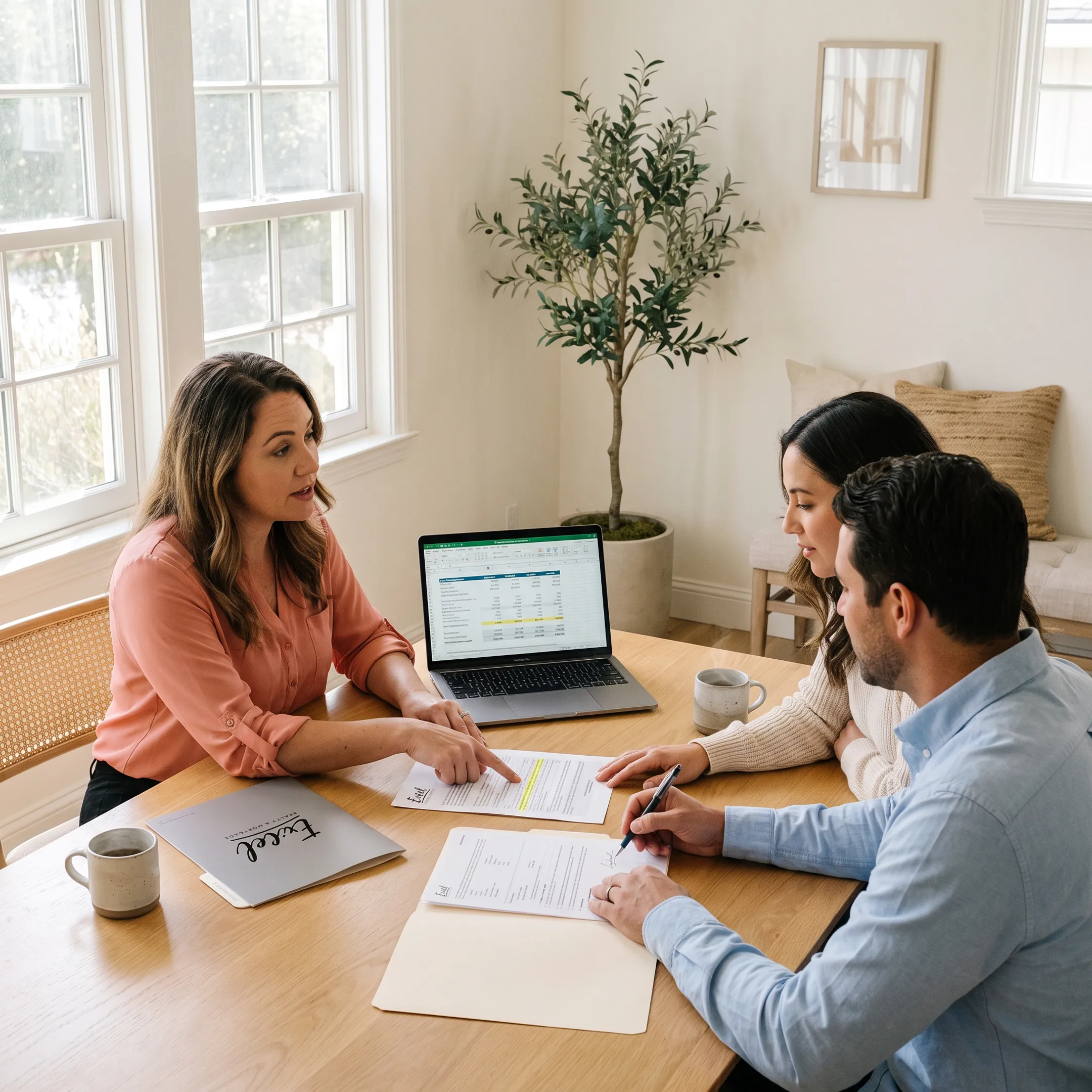 Mortgage loan officer reviewing home financing options with a couple