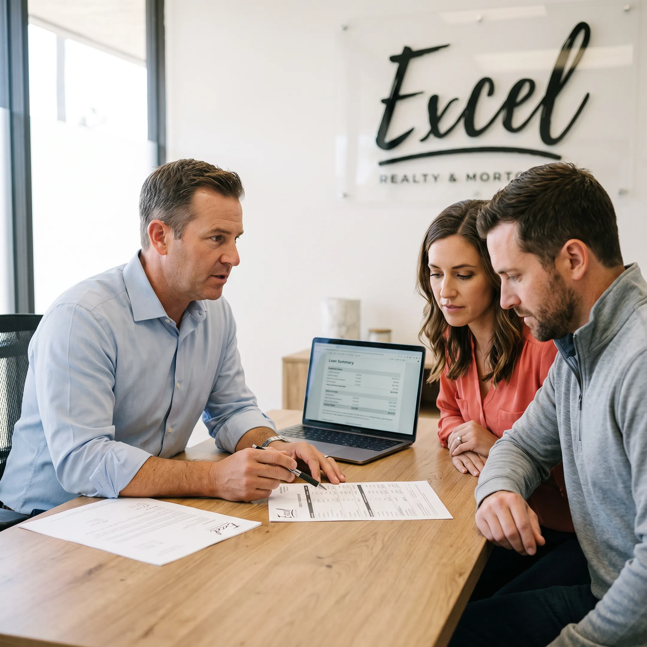 Couple reviewing home loan options with a mortgage professional