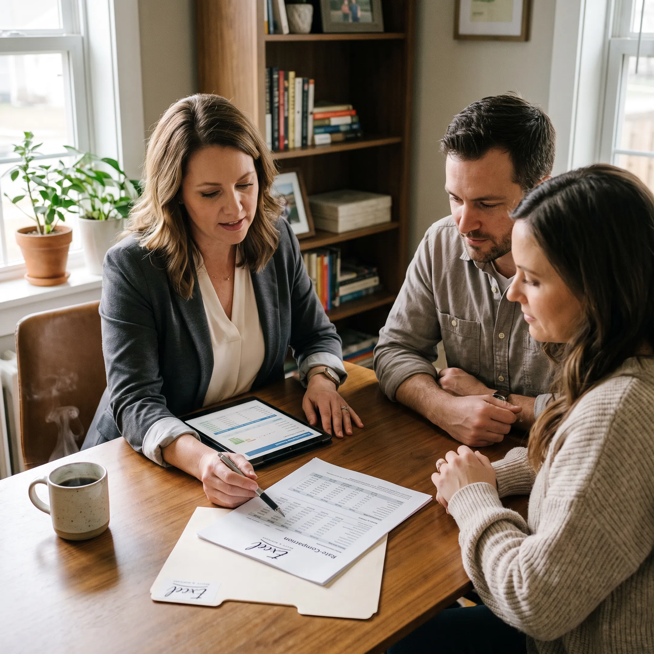 Mortgage professional explaining refinance options to homeowners