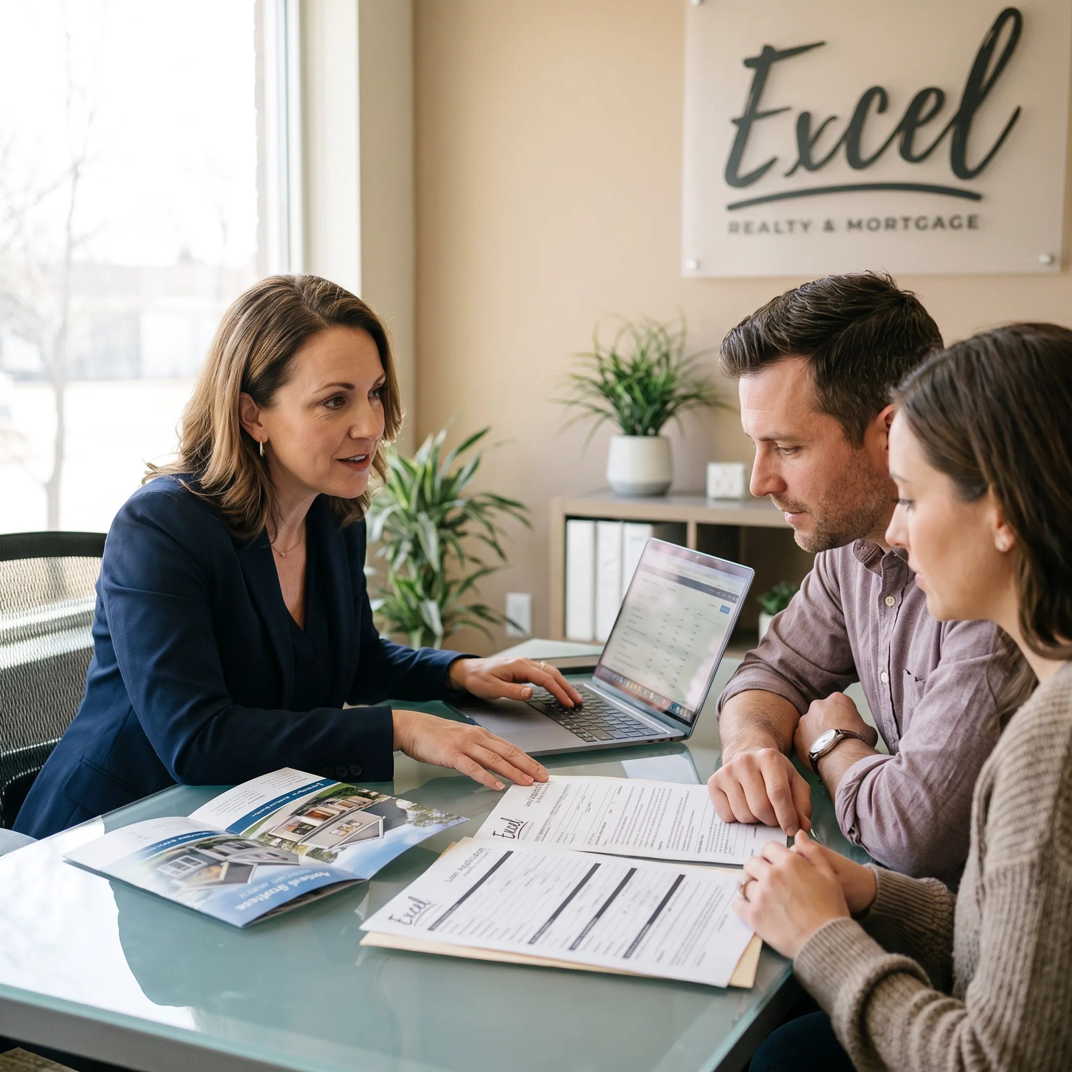 Mortgage advisor explaining a home loan to first-time buyers