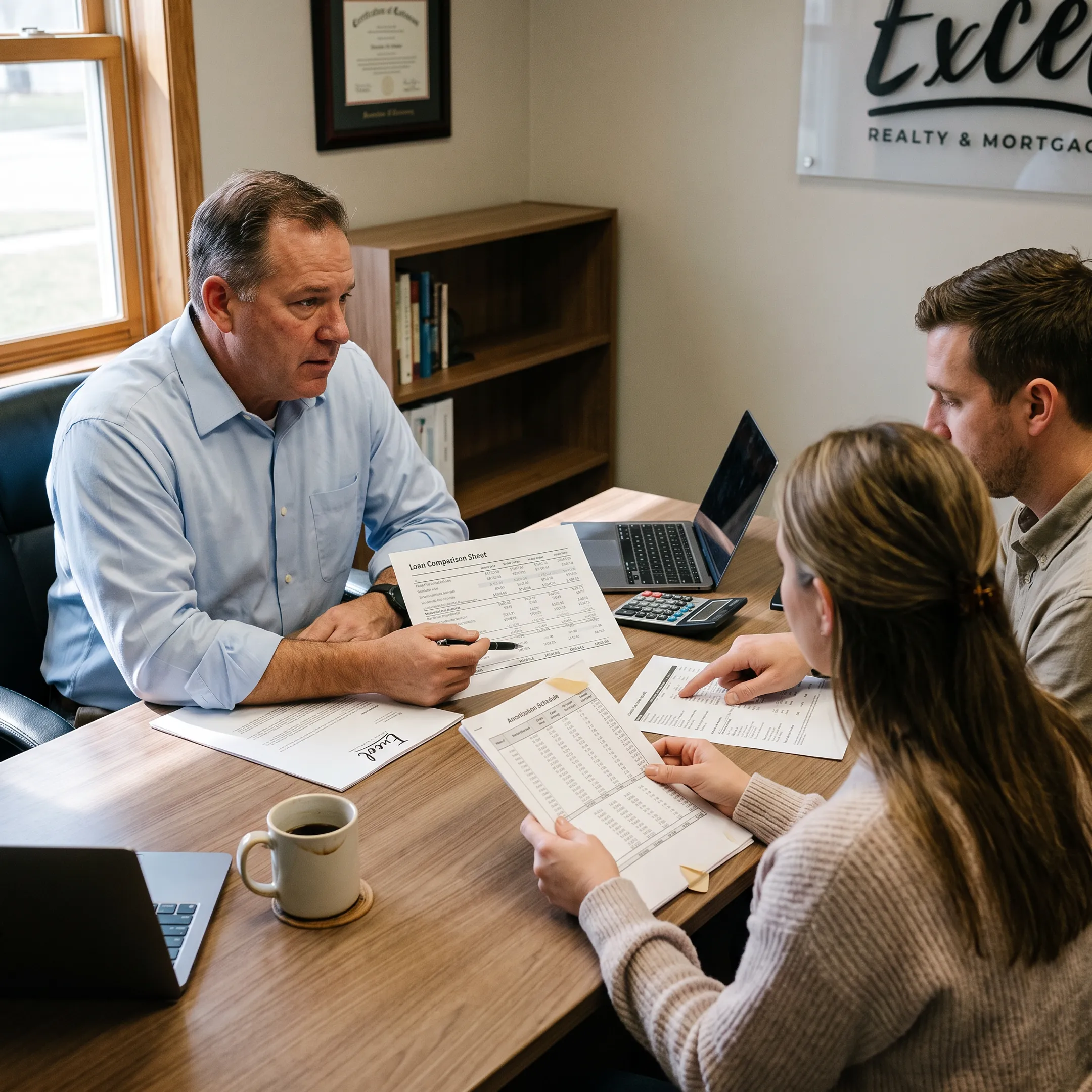 Mortgage professional explaining financing options to homeowners