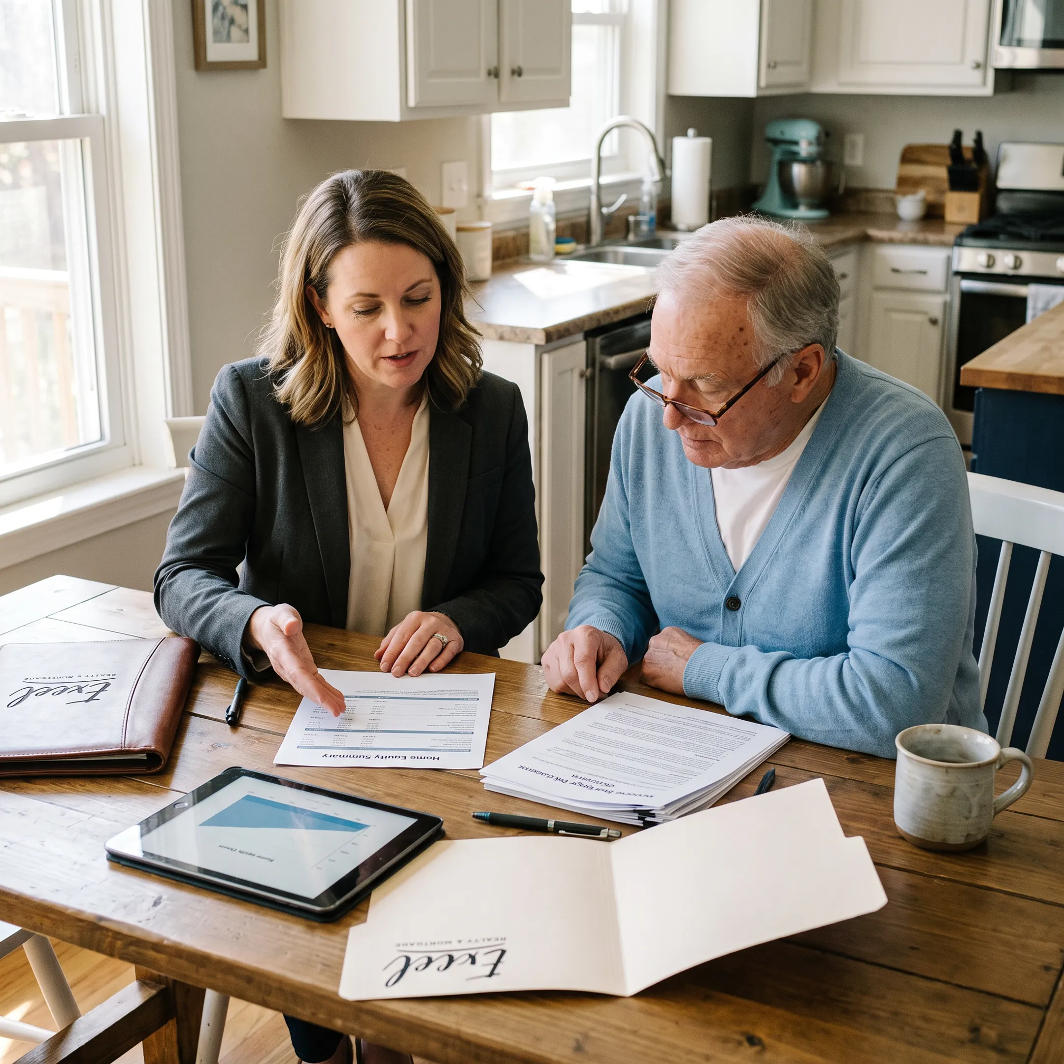 Mortgage advisor reviewing reverse mortgage options with a homeowner